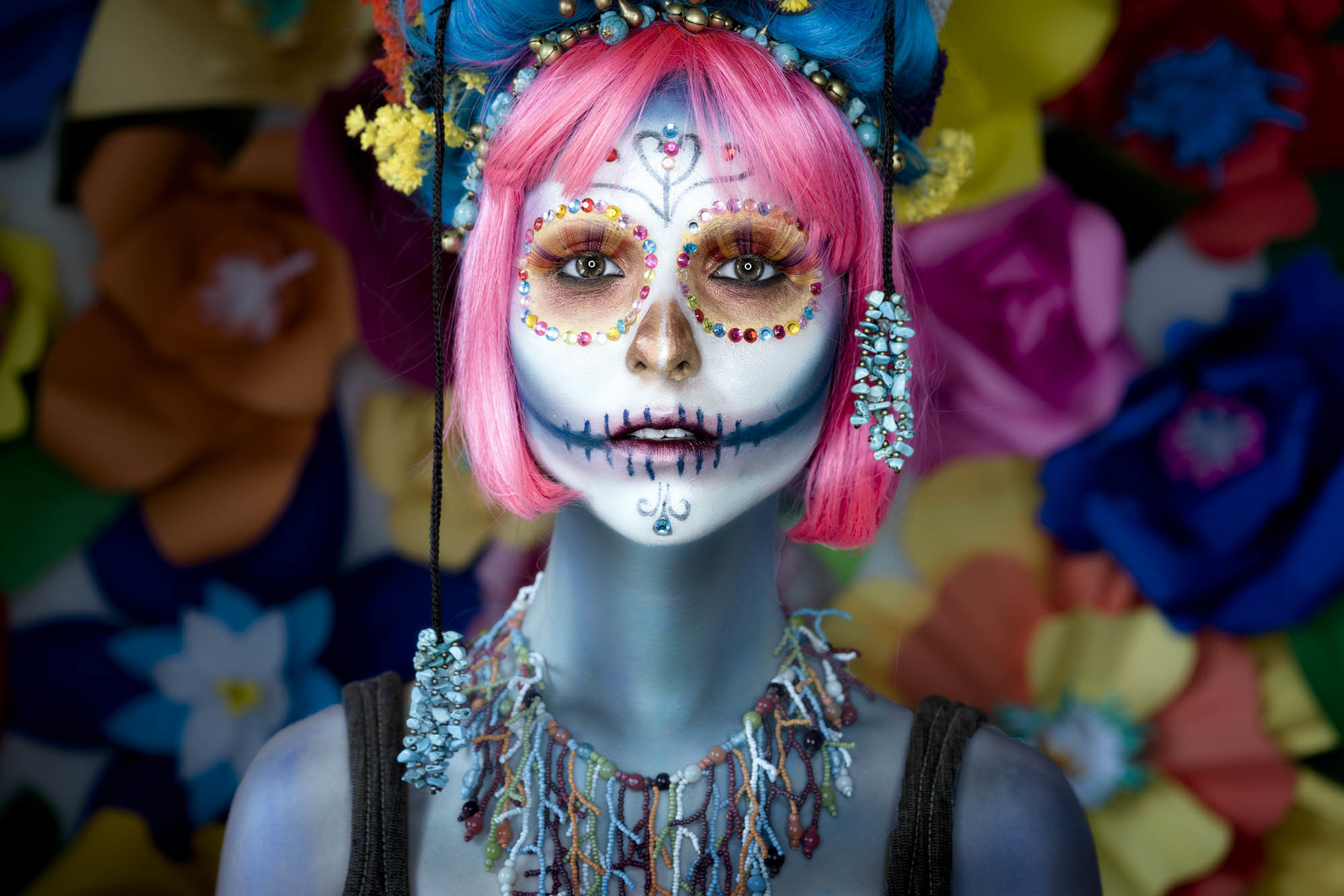 artistic, sugar skull, day of the dead, face, makeup, necklace, pink hair, short hair