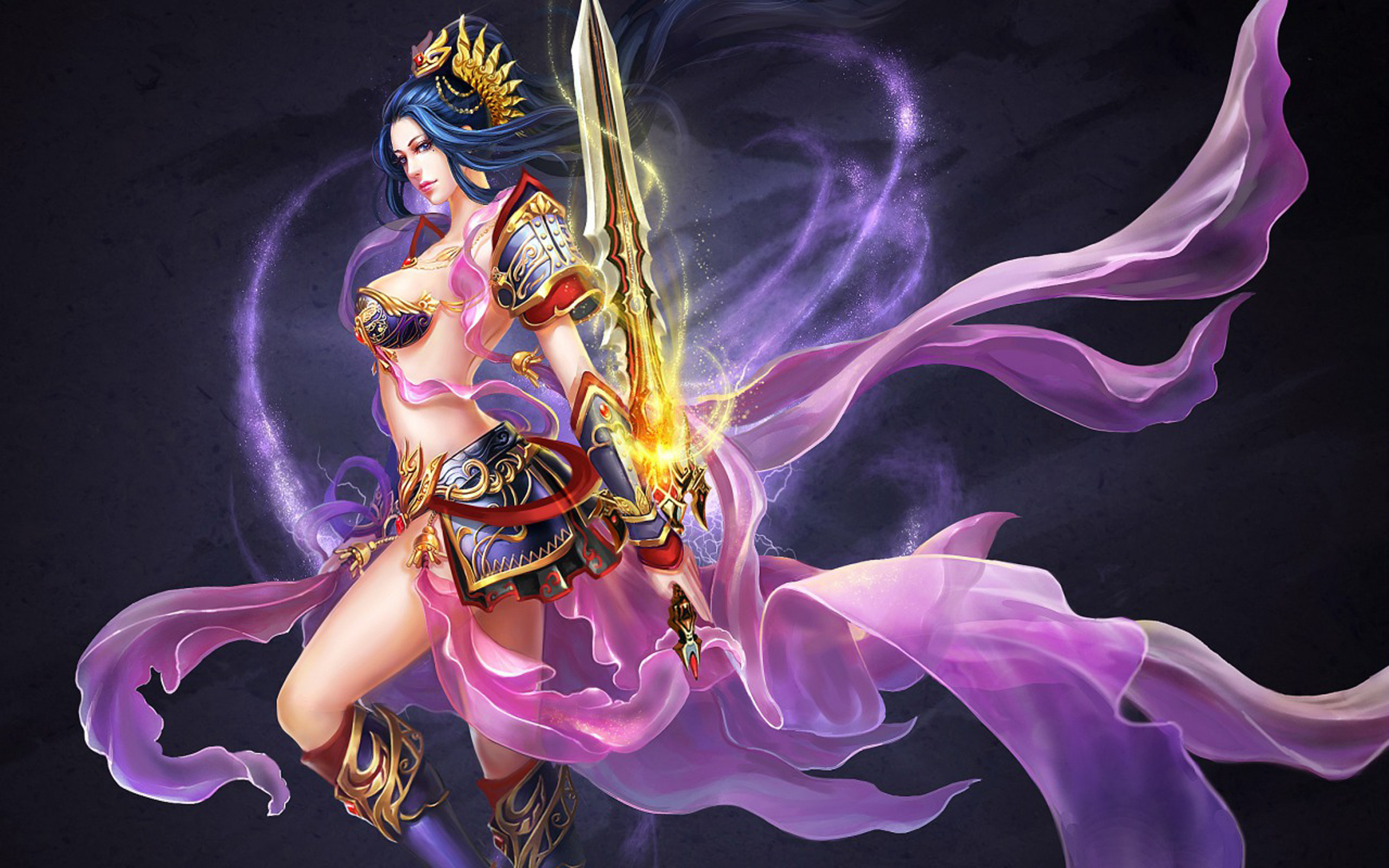 無料モバイル壁紙ファンタジー, 紫の, 剣, 青い髪, 女戦士をダウンロードします。