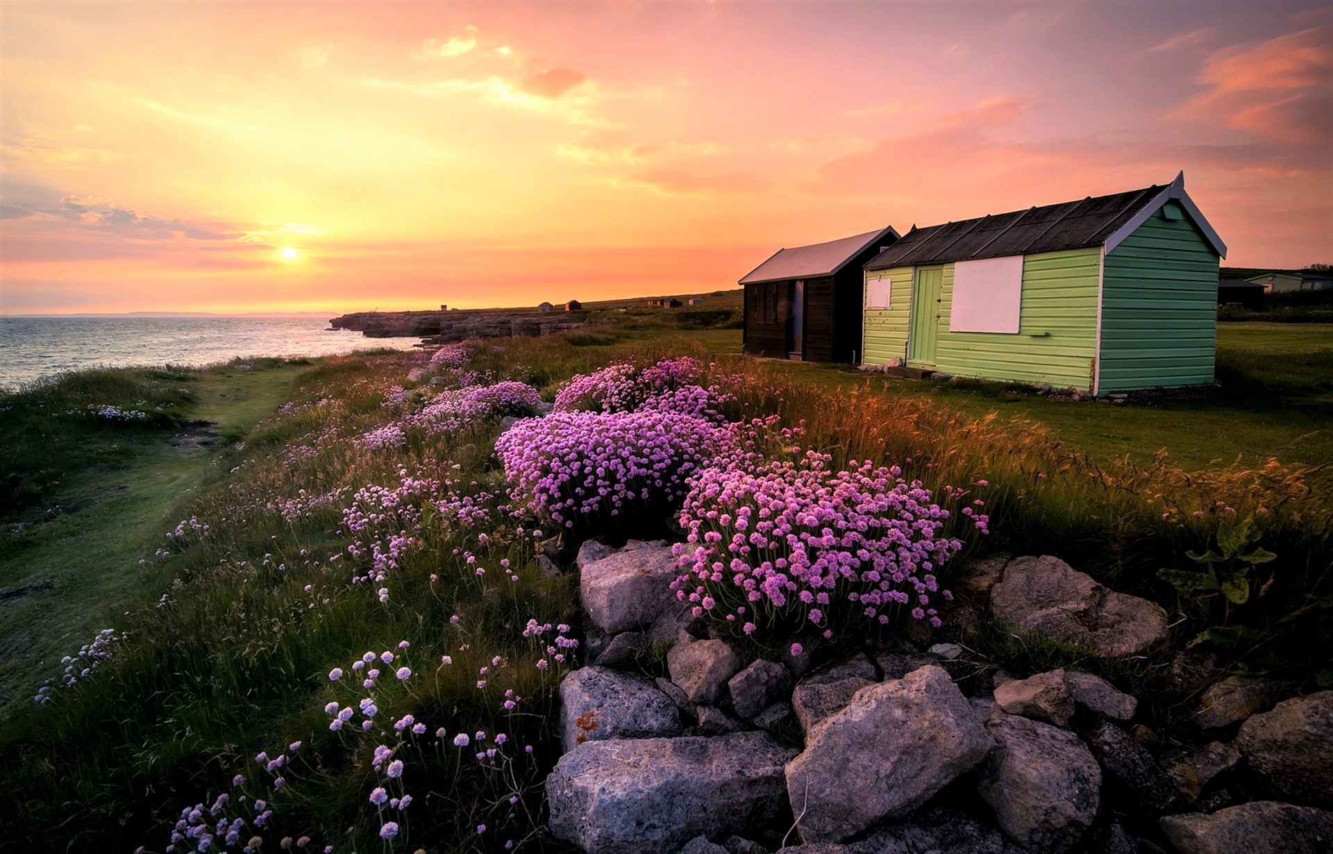 無料モバイル壁紙日没, 湖, 花, 海岸, 小屋, マンメイド, 紫色の花をダウンロードします。