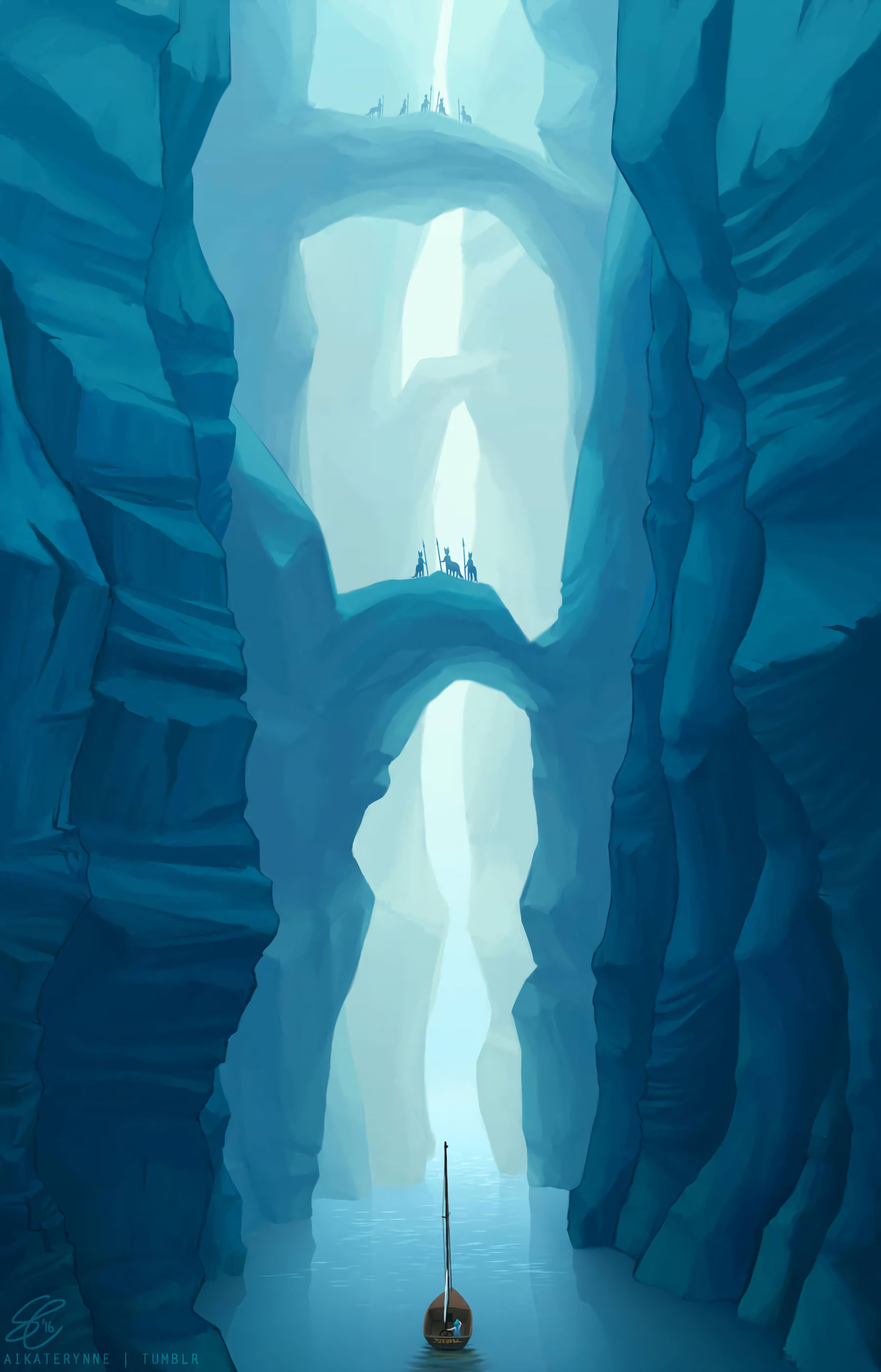 Download mobile wallpaper Rivers, Cave, Boat, Art for free.