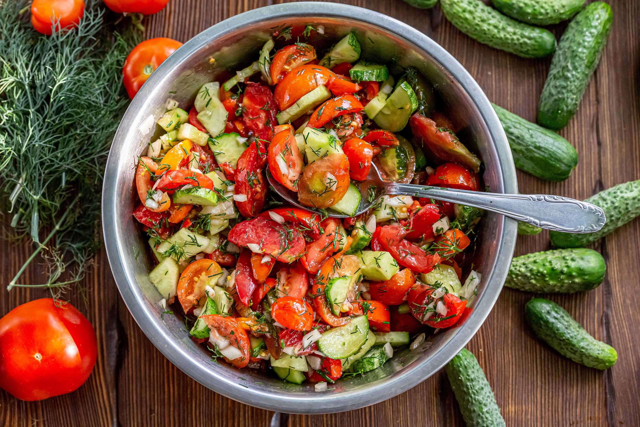 Download mobile wallpaper Food, Salad, Tomato, Cucumber for free.