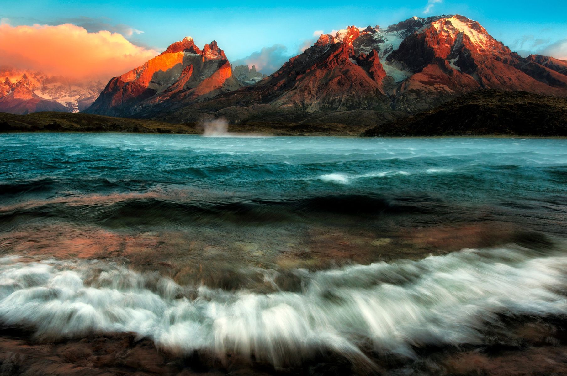 378215画像をダウンロード地球, 湖, チリ, 山, 自然, 波-壁紙とスクリーンセーバーを無料で
