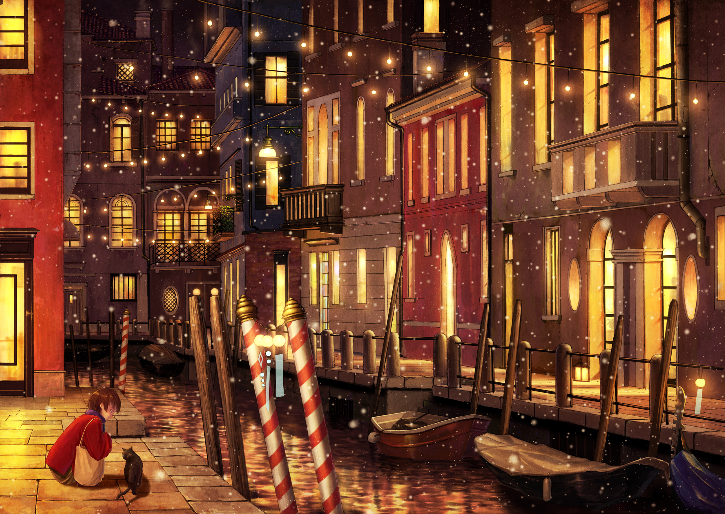 Free download wallpaper Anime, City, Cat, Boat, Snowfall, Original, Brown Hair, Short Hair on your PC desktop