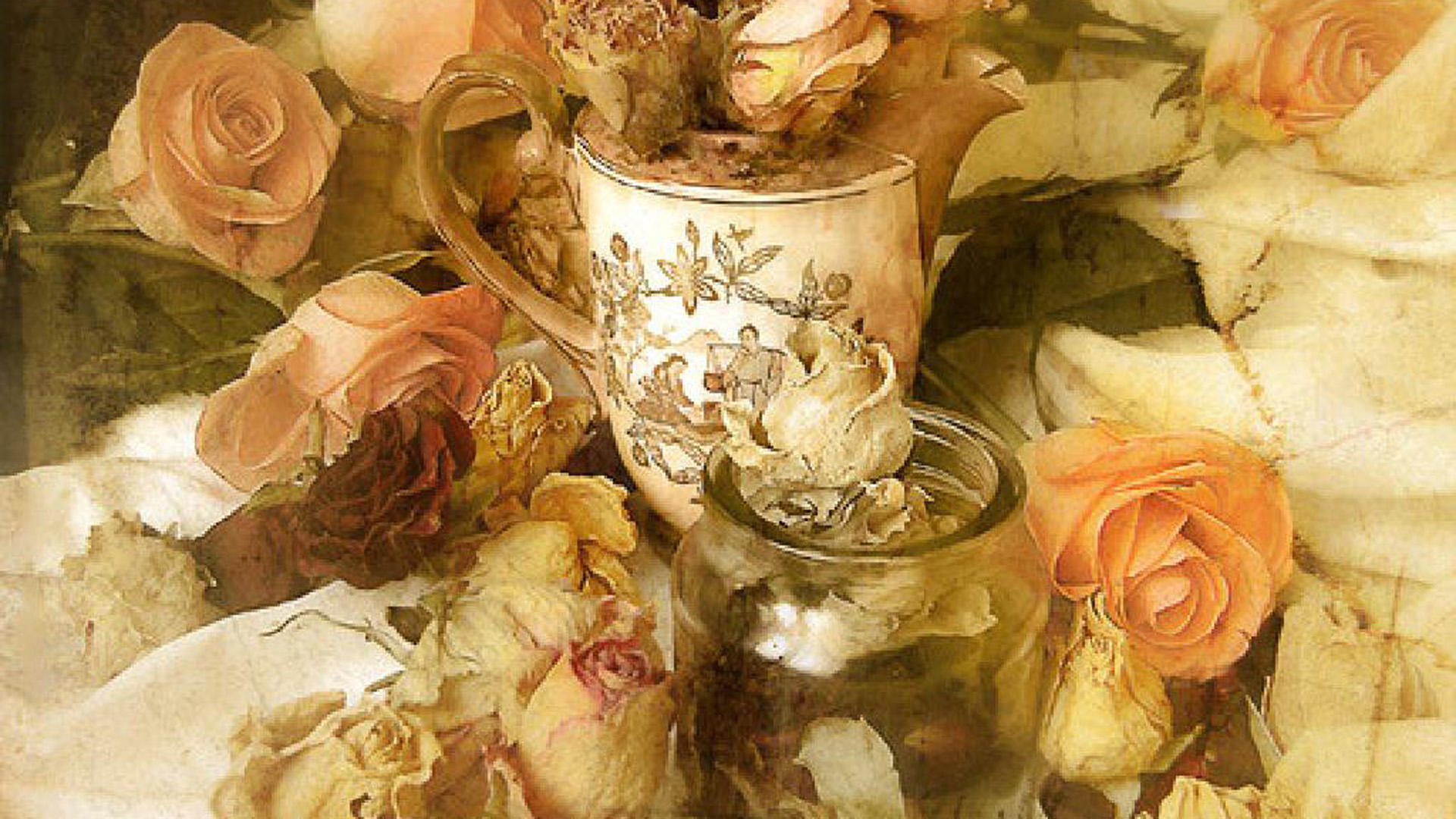 Free download wallpaper Pink, Rose, Cup, Vintage, Vase, Artistic, Peach Flower on your PC desktop