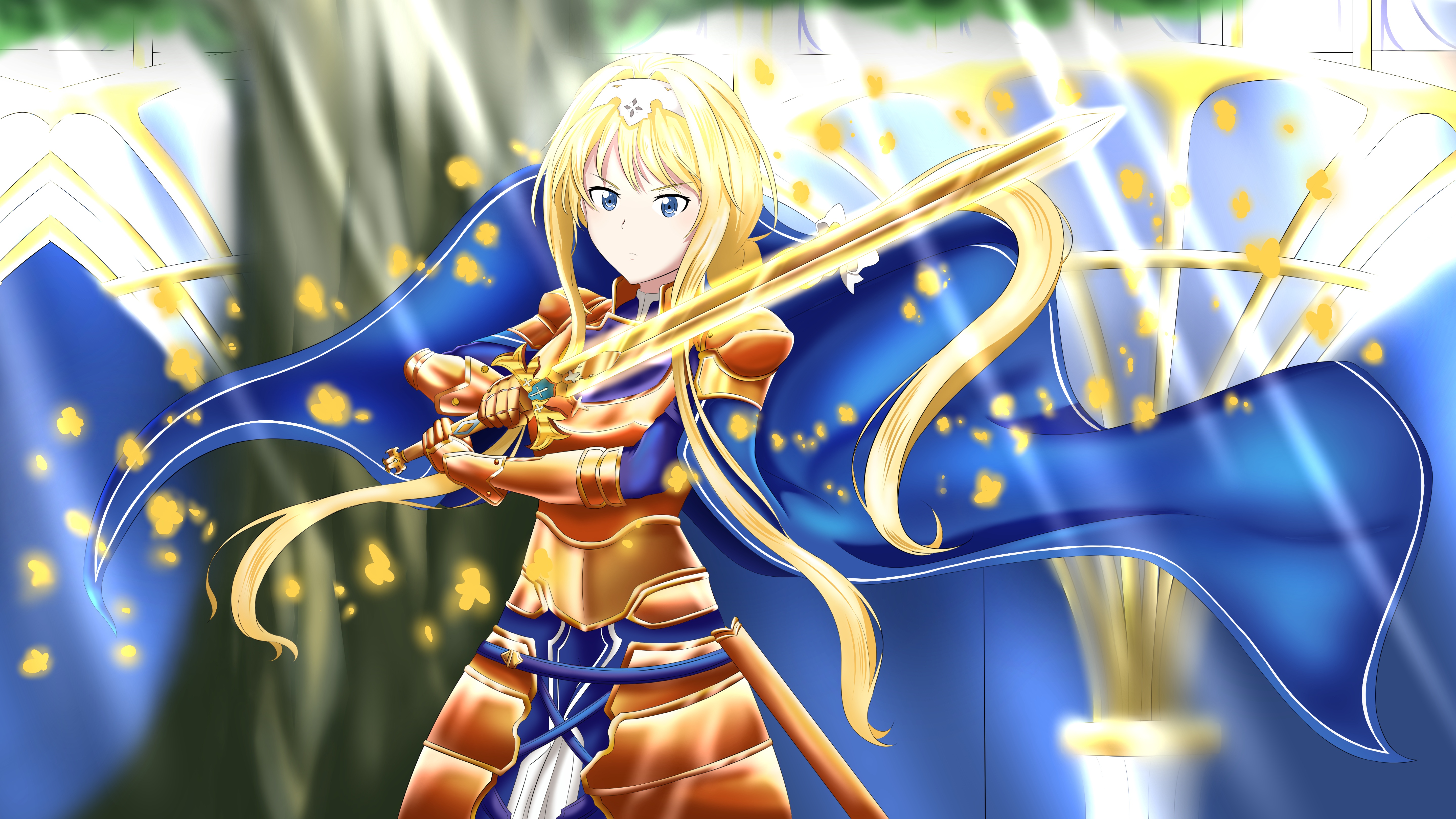 anime, sword art online: alicization, alice zuberg, armor, blonde, blue eyes, sword, sword art online