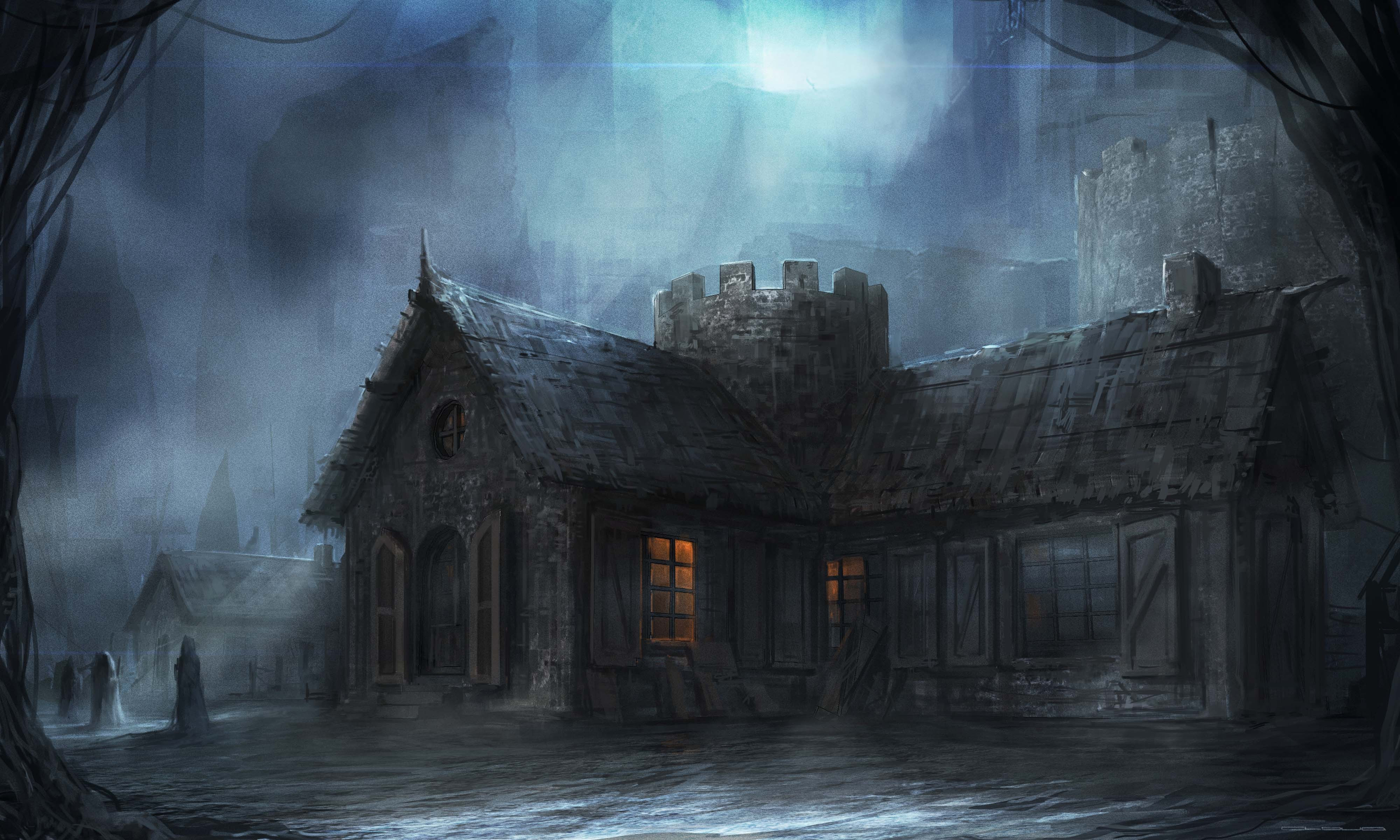 Free download wallpaper Fantasy, Building, Dark, Fog, House on your PC desktop