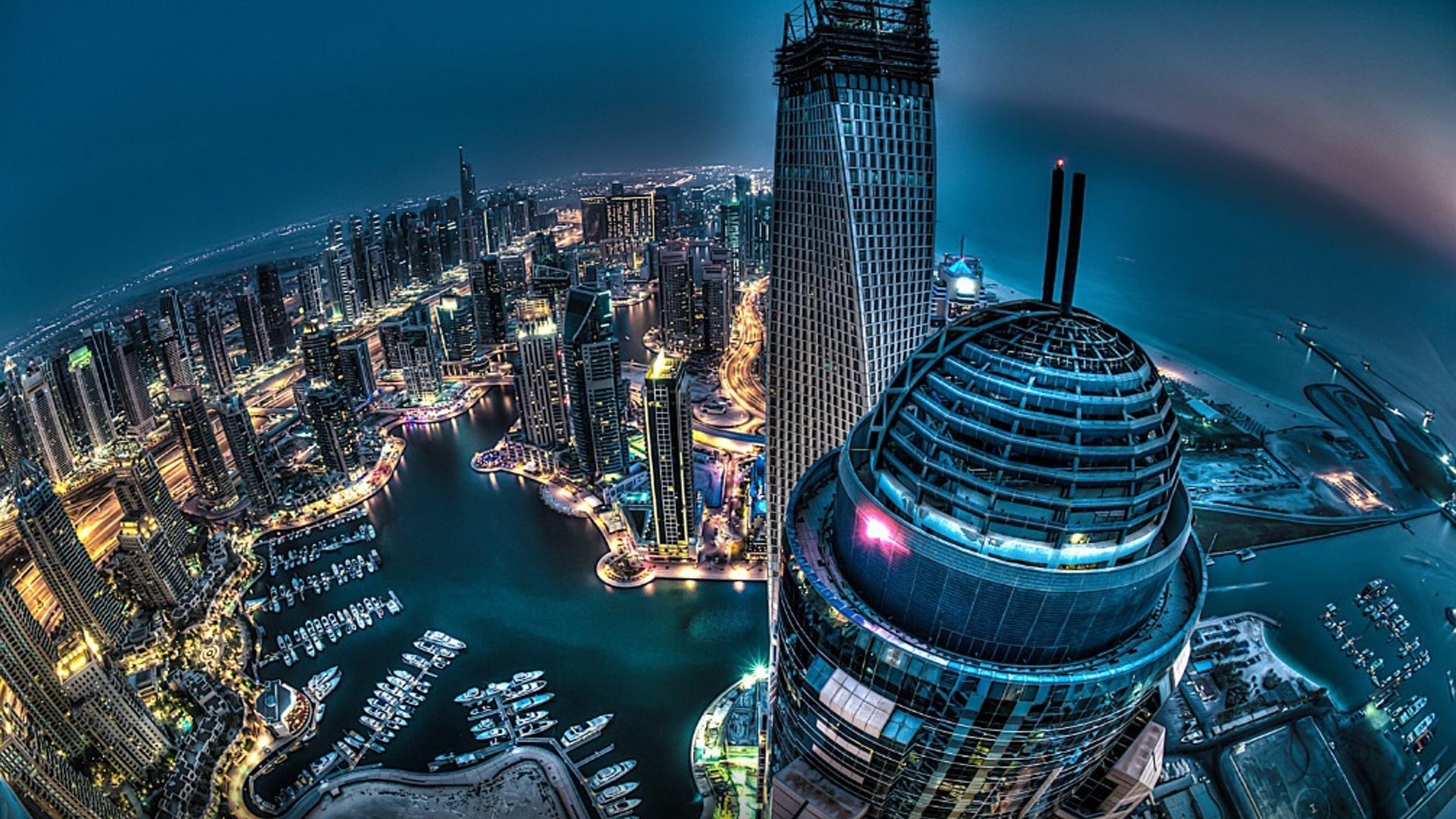 Free download wallpaper Cities, Night, City, Light, Dubai, Aerial, Man Made on your PC desktop