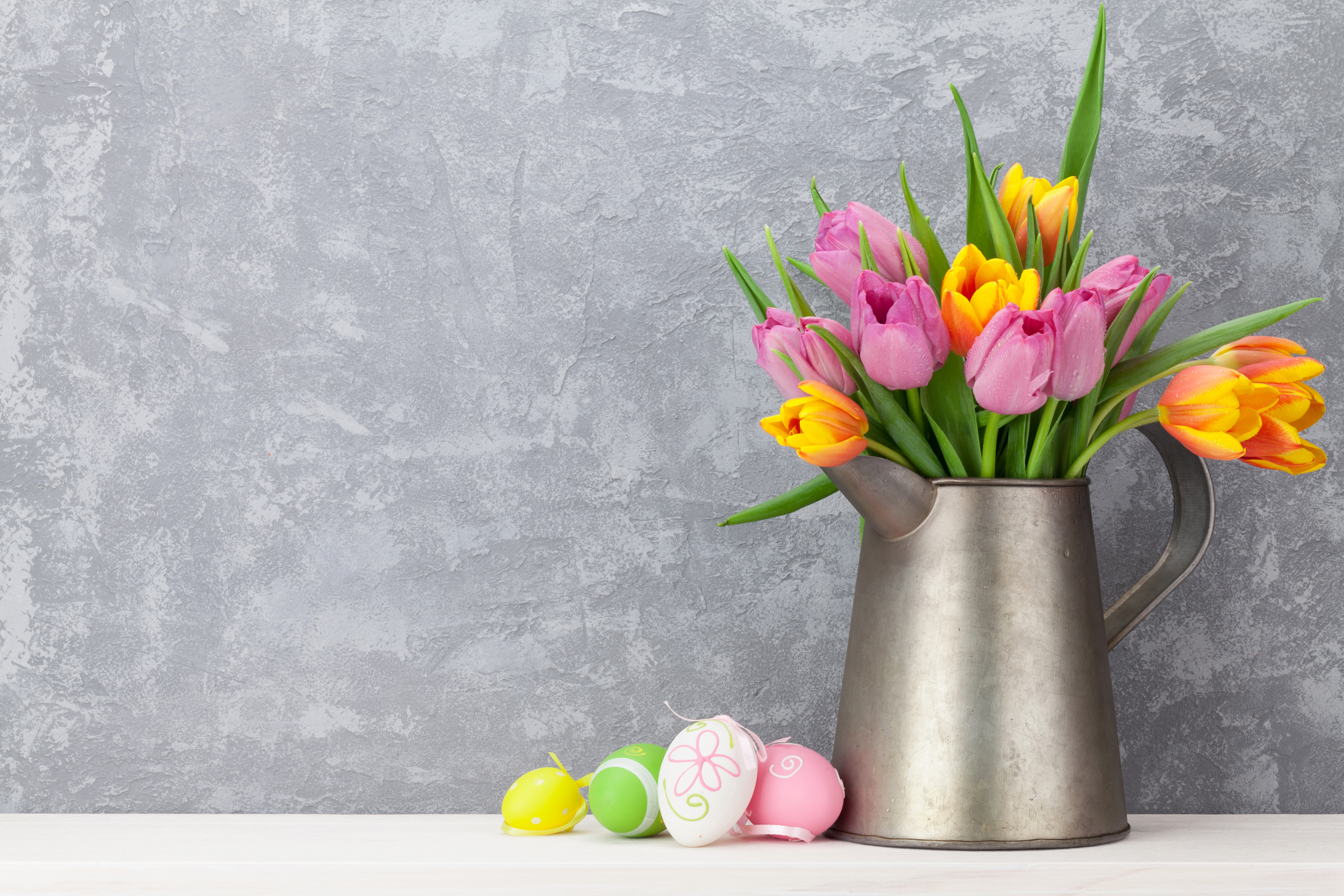 Download mobile wallpaper Easter, Flower, Holiday, Colors, Colorful, Tulip, Egg, Easter Egg, Pitcher for free.