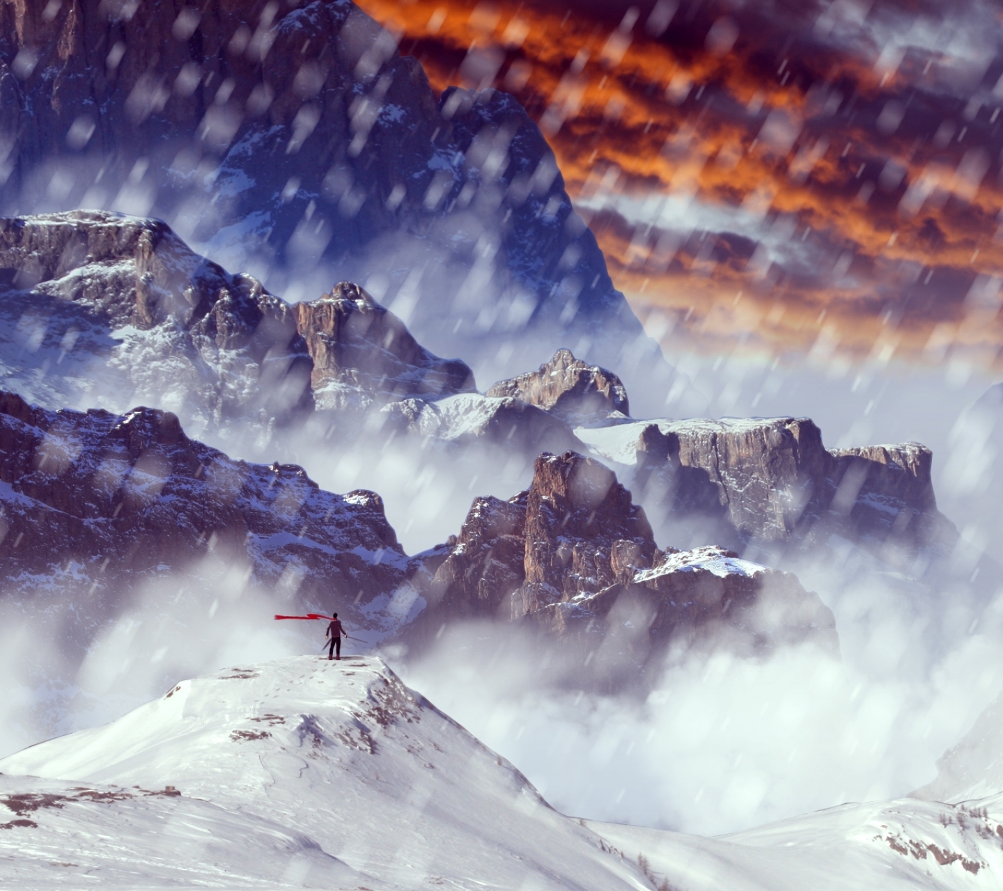 Download mobile wallpaper Landscape, Winter, Fantasy, Snow, Mountain, Warrior for free.