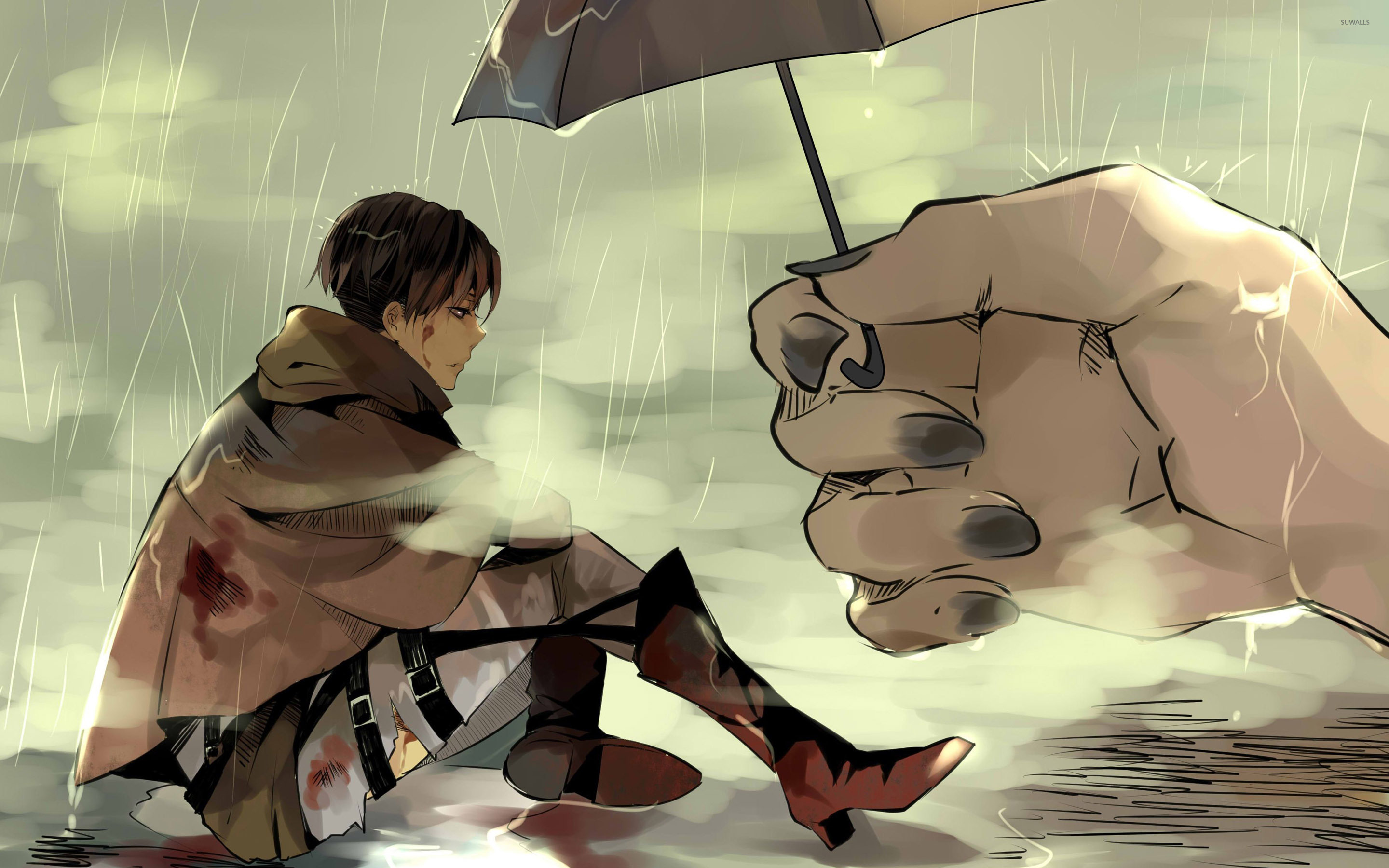 anime, attack on titan, levi ackerman, rain, titan, umbrella