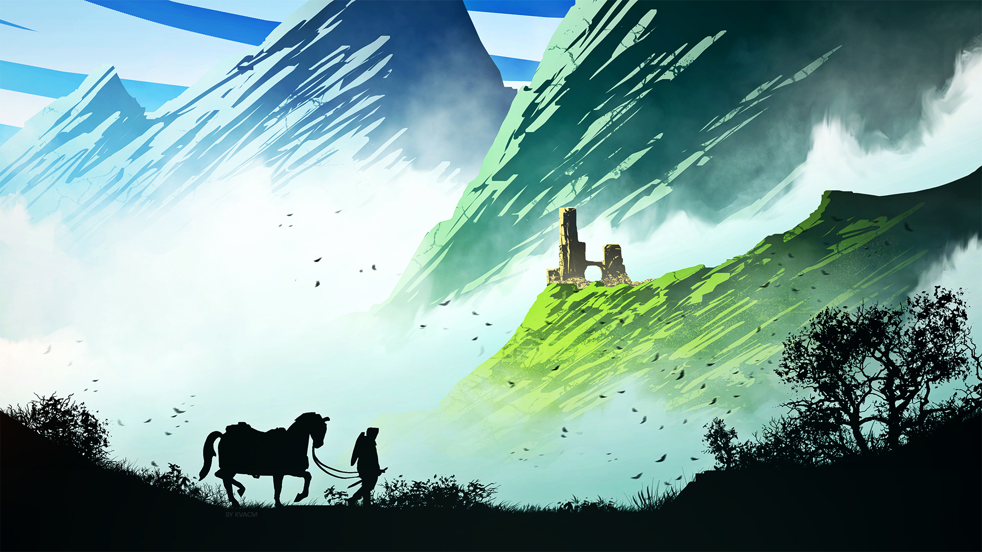Download mobile wallpaper Landscape, Fantasy, Mountain, Silhouette, Warrior, Horse, Castle for free.