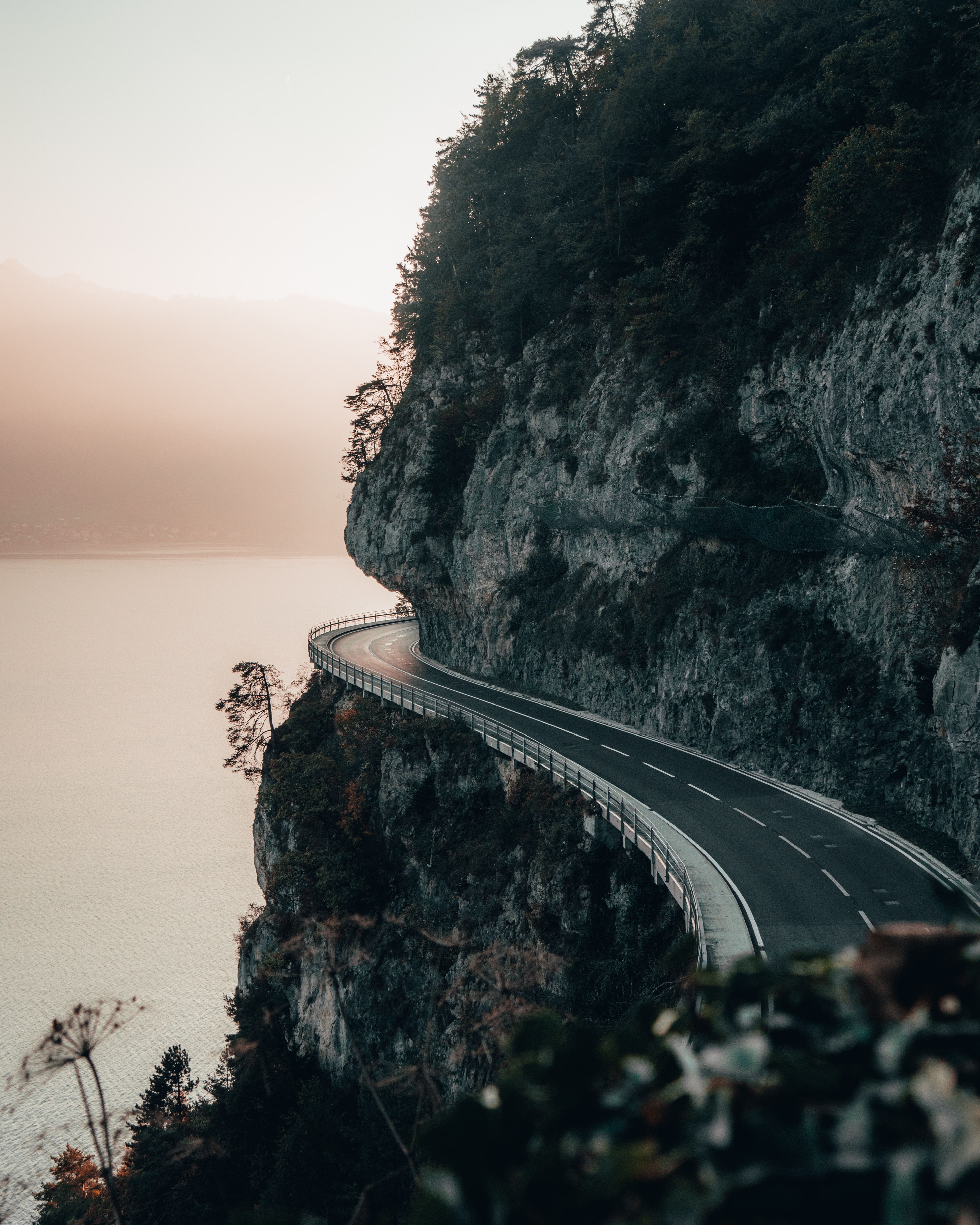sea, nature, sunset, rock, road, break, precipice Panoramic Wallpaper