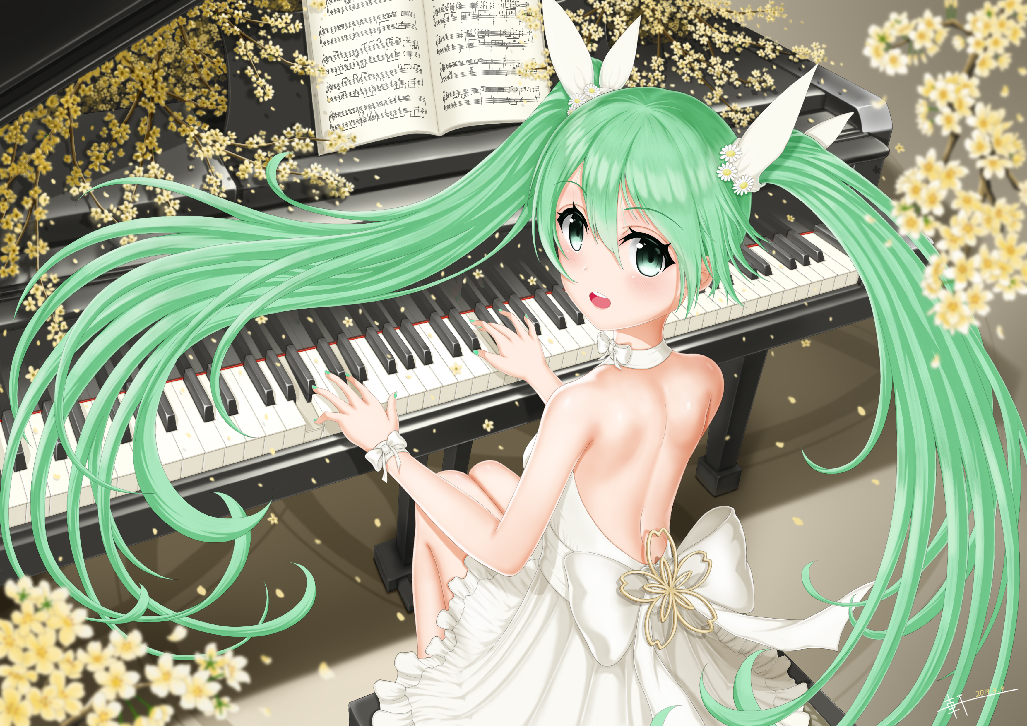 Descarga gratuita de fondo de pantalla para móvil de Piano, Flor, Vocaloid, Animado, Hatsune Miku.