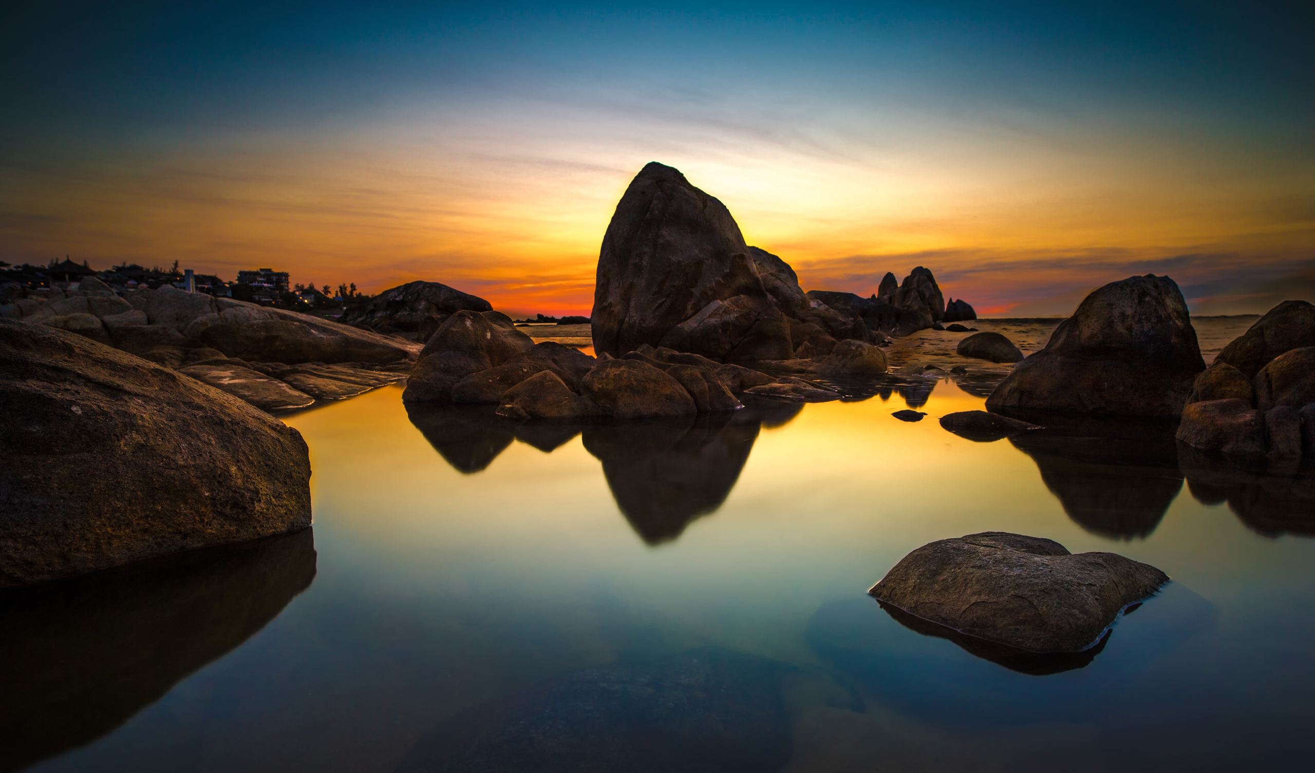Free download wallpaper Nature, Stones, Sunset, Reflection, Sea on your PC desktop