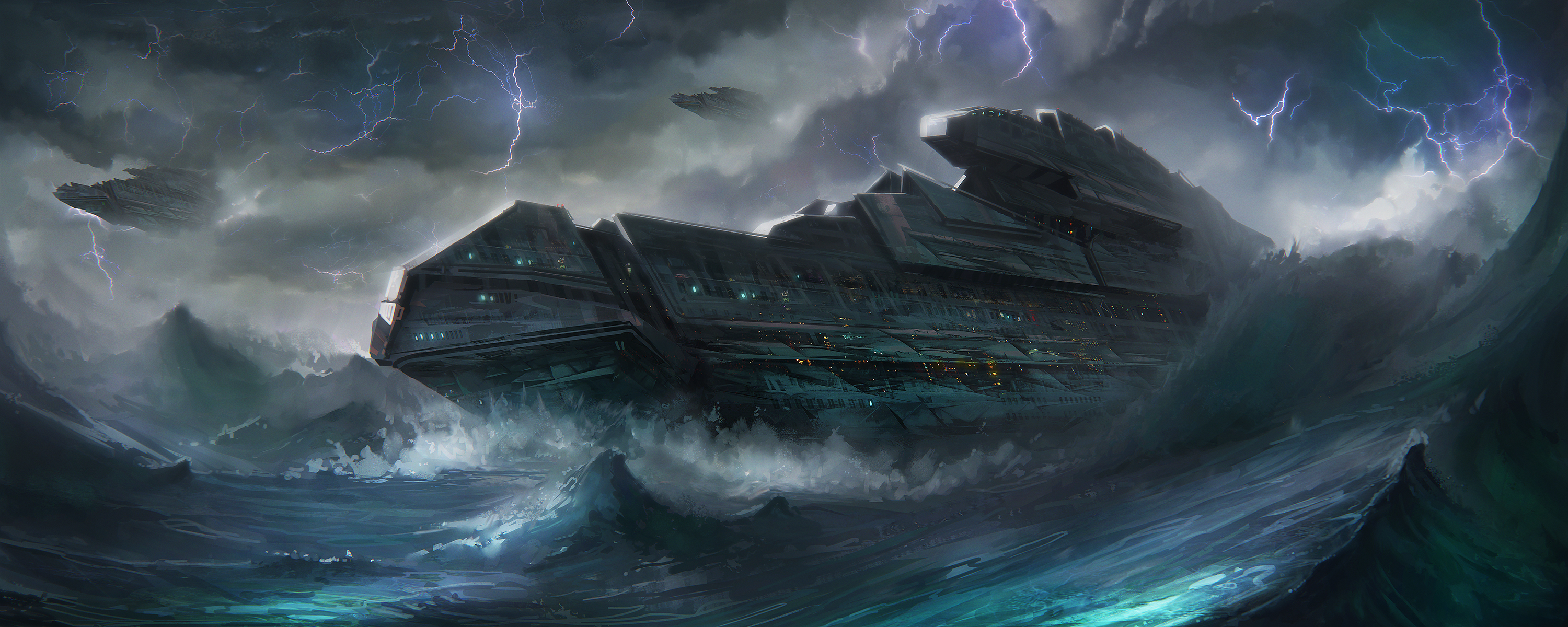 Free download wallpaper Lightning, Ocean, Sci Fi, Storm, Spaceship, Wave on your PC desktop