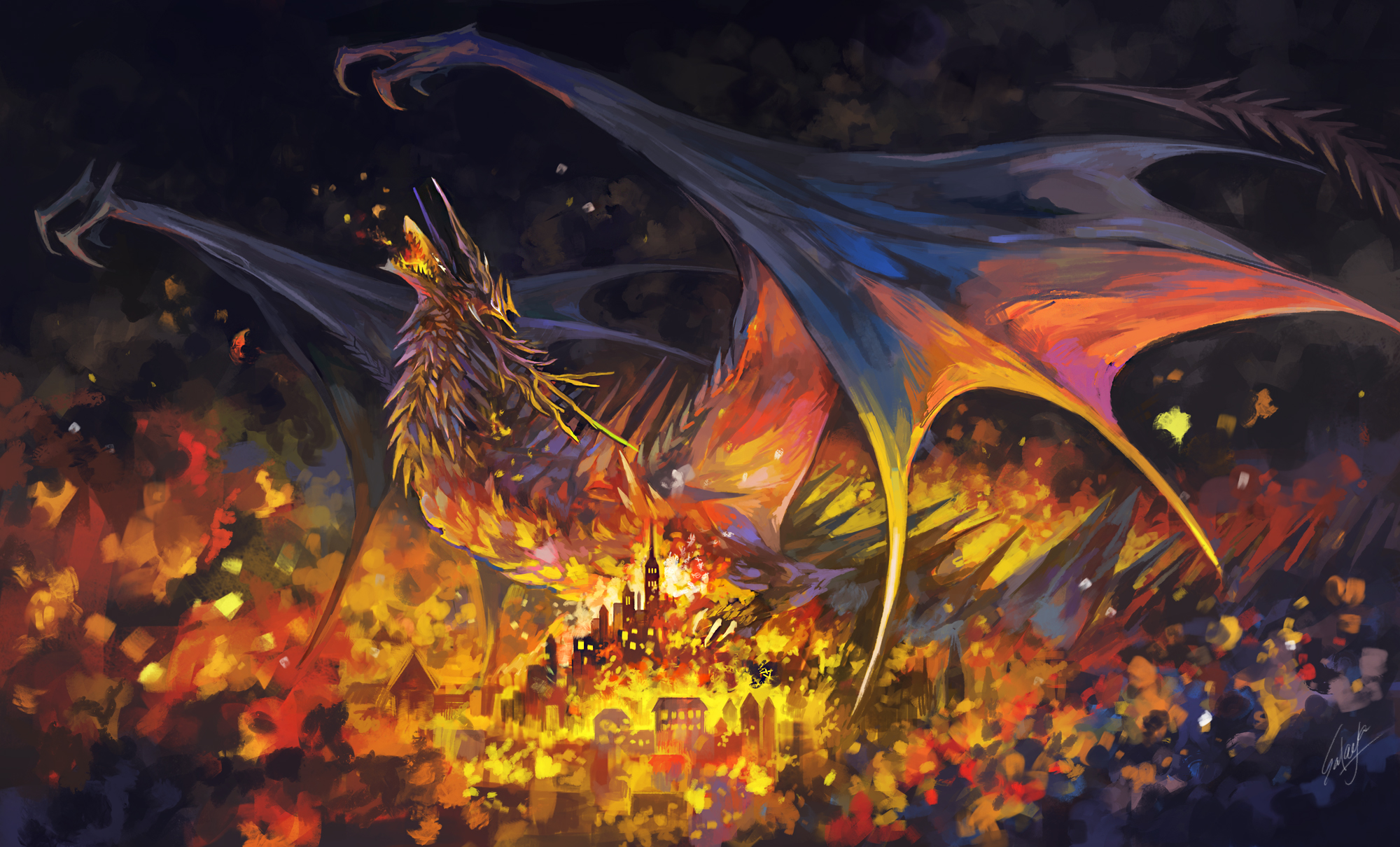 Free download wallpaper Fantasy, Fire, City, Dragon on your PC desktop