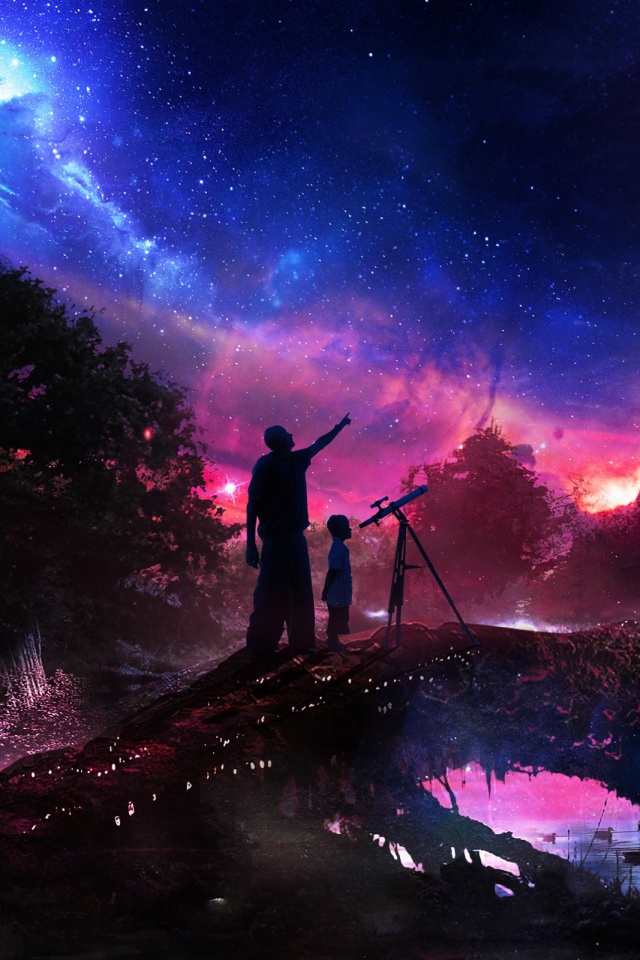 Descarga gratuita de fondo de pantalla para móvil de Estrellas, Niño, Artístico, Telescopio, Obra De Arte.