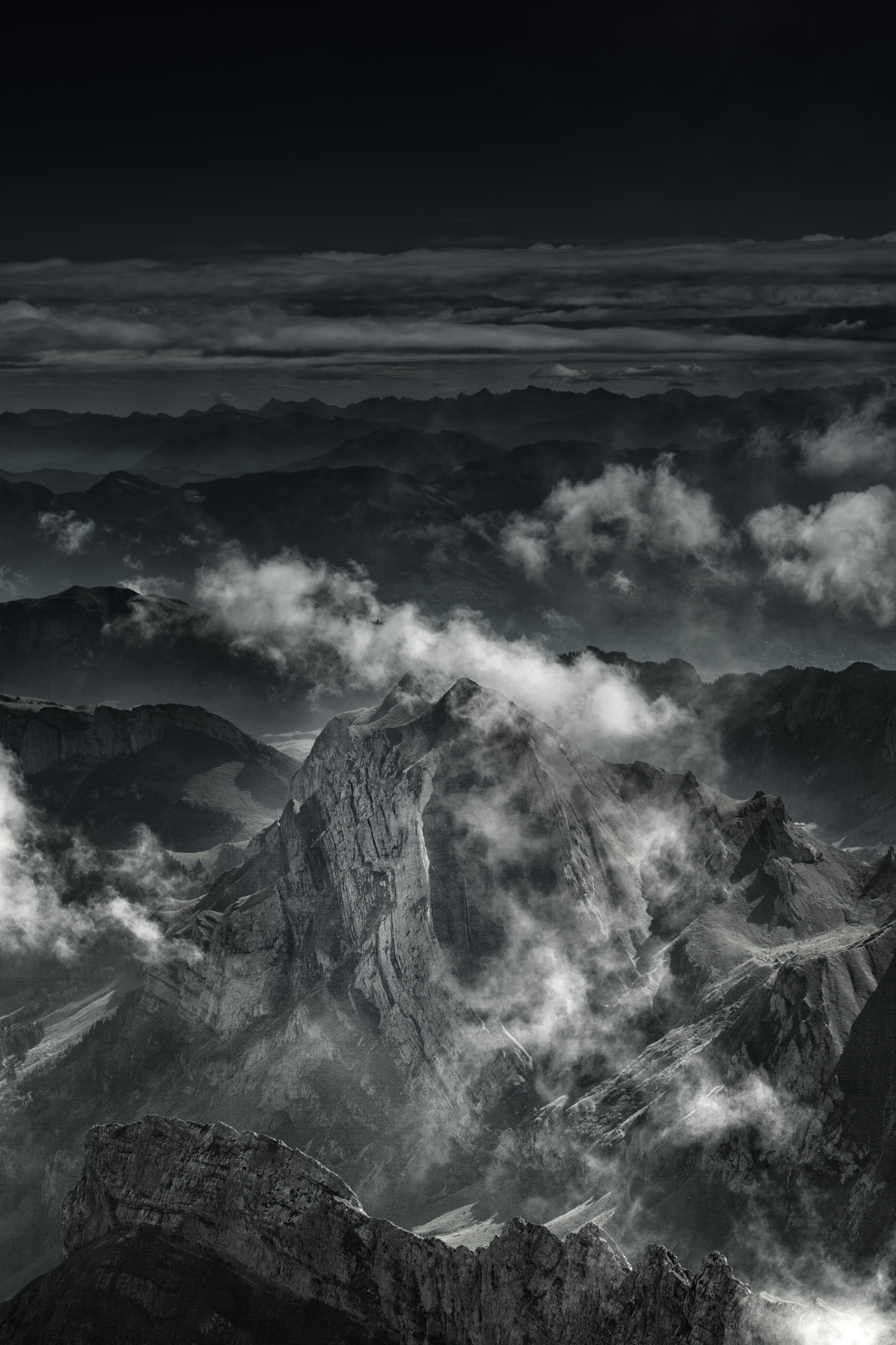 Free download wallpaper Vertex, Nature, Clouds, Top, Fog, Mountains, Grey on your PC desktop
