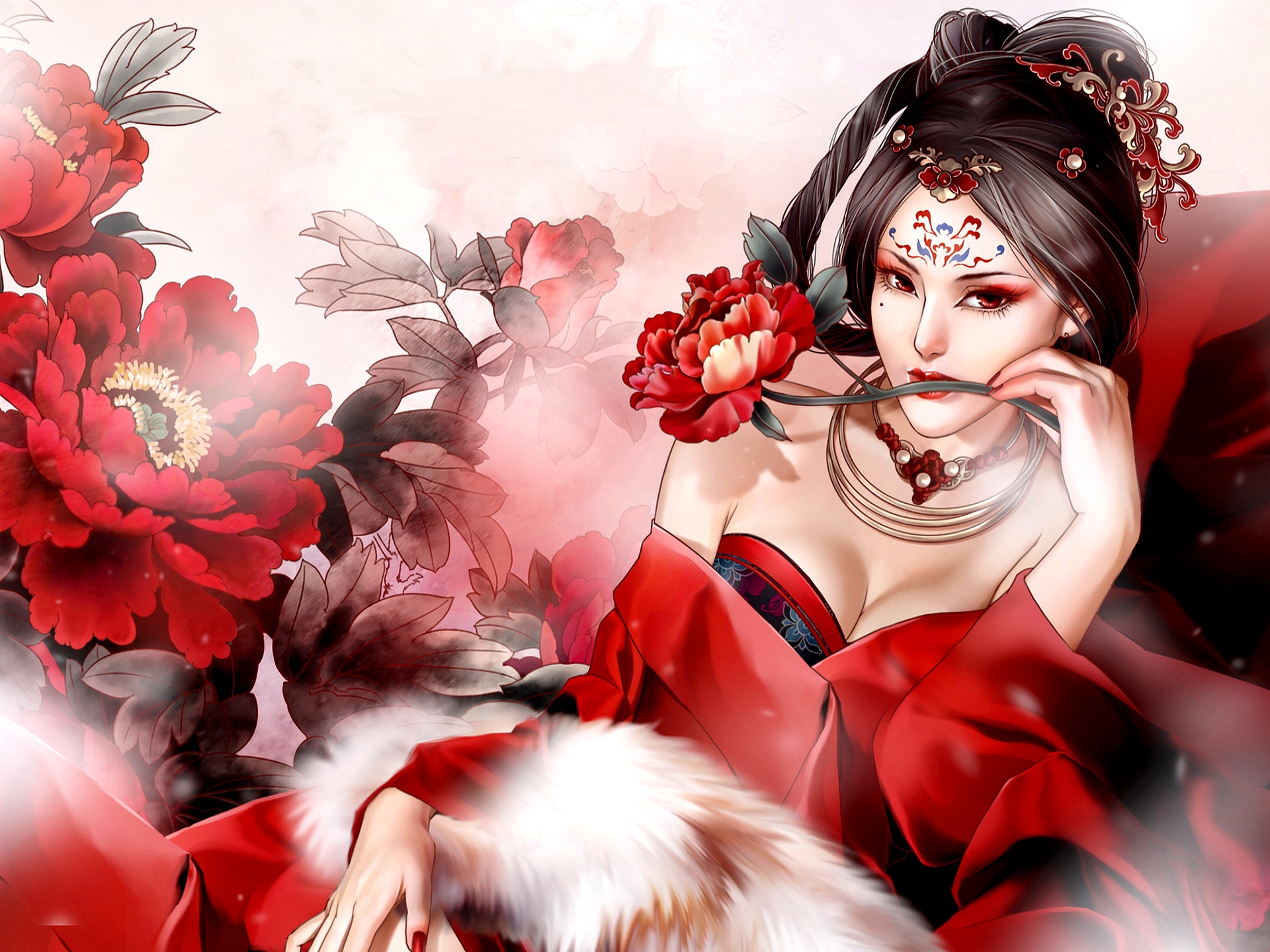Free download wallpaper Fantasy, Flower, Women, Asian, Red Eyes on your PC desktop