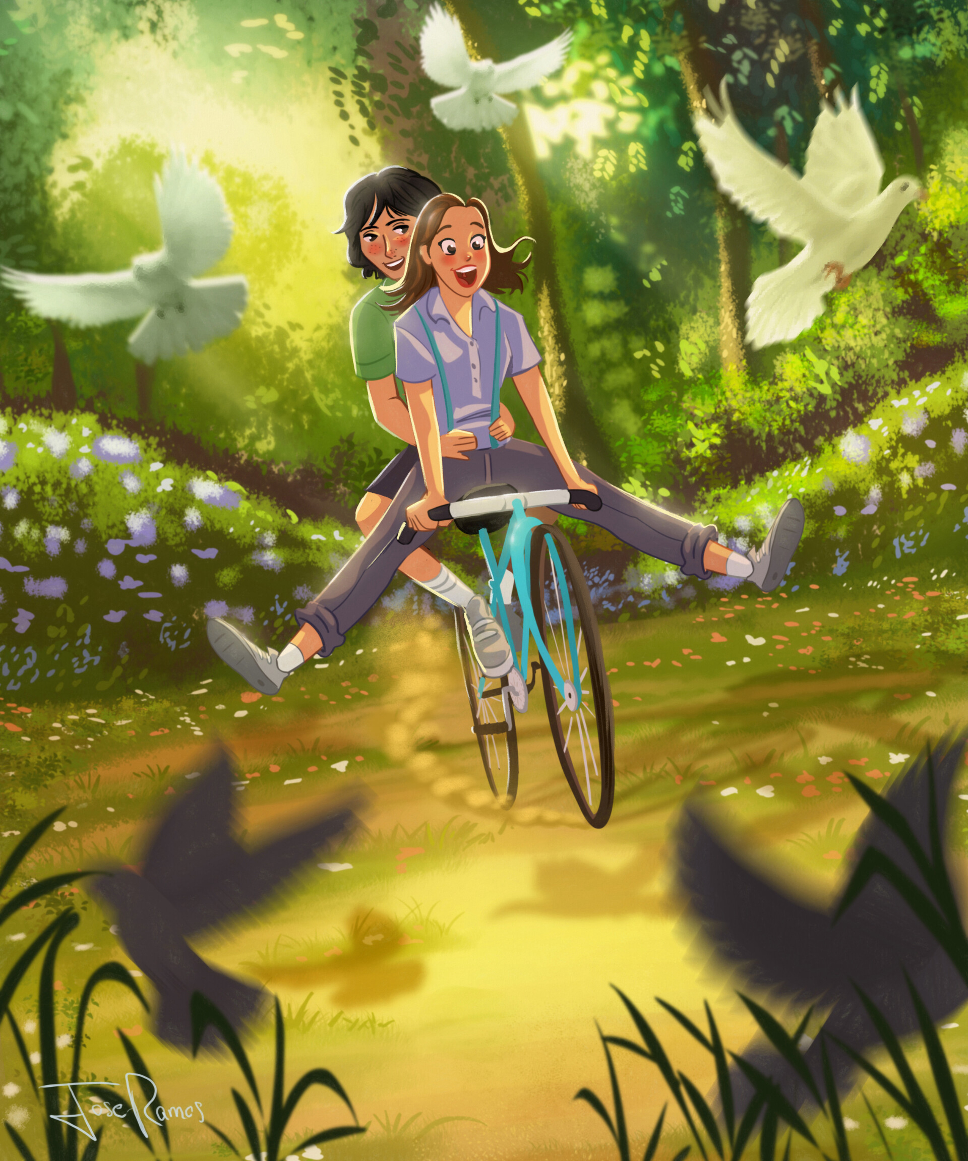happiness, romance, couple, art, love, pair, bicycle