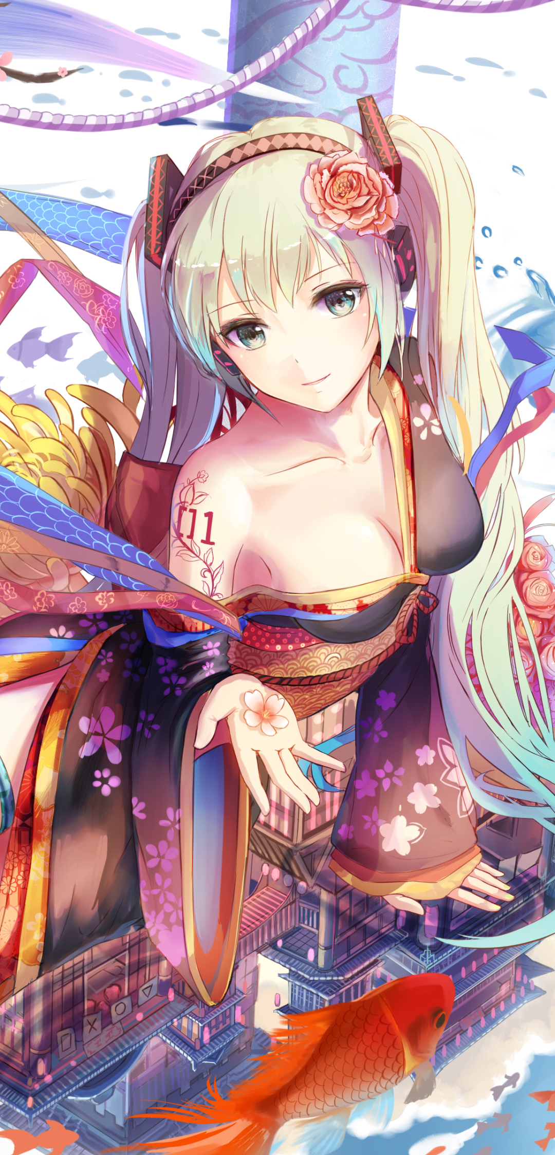Download mobile wallpaper Anime, Flower, Smile, Tattoo, Fish, Vocaloid, Cherry Blossom, Headband, Hatsune Miku, Long Hair, White Hair, Twintails, Barefoot, Yukata, Japanese Clothes for free.