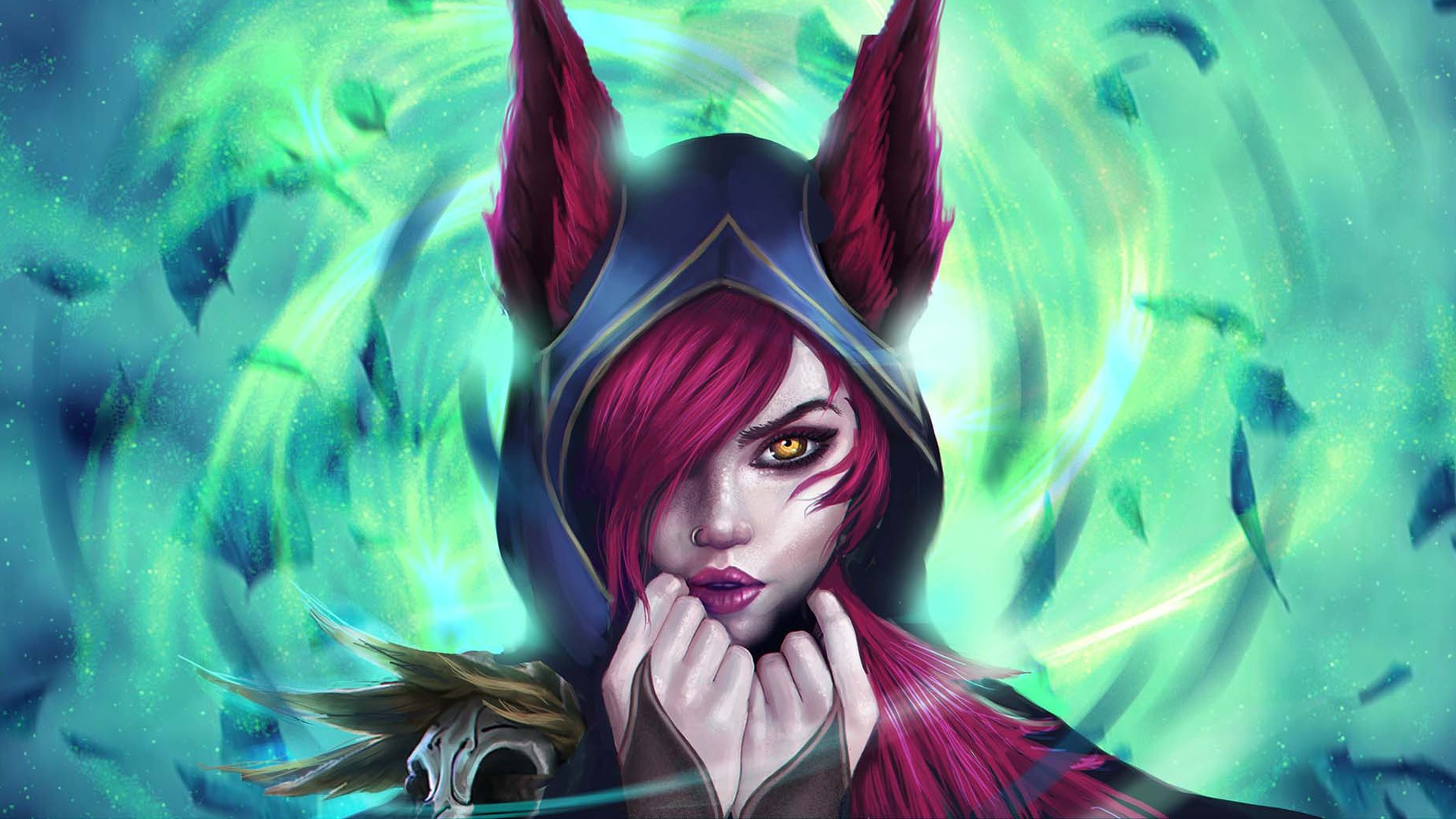 xayah (league of legends), video game, league of legends, animal ears, face, lipstick, purple hair, yellow eyes
