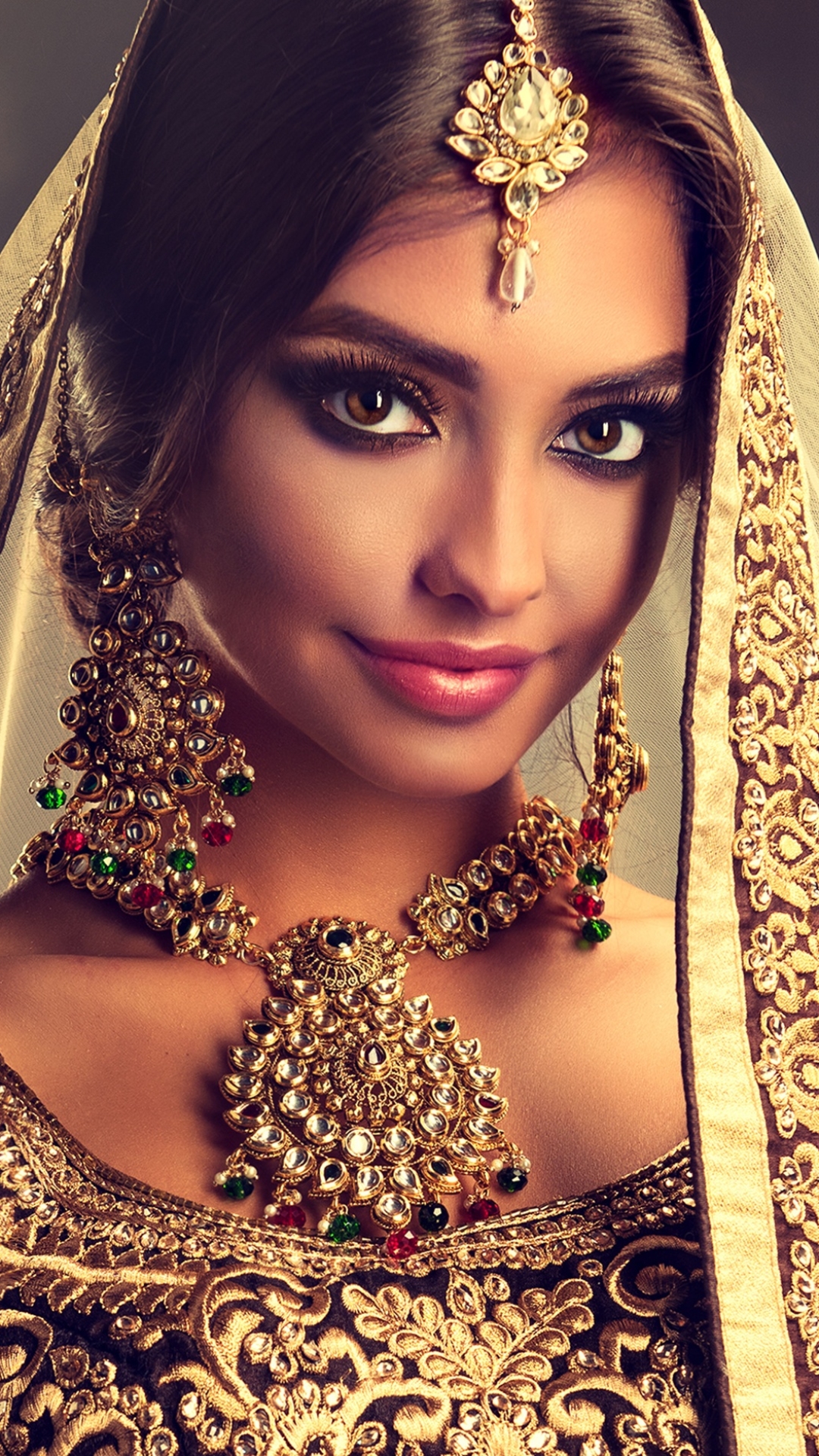 Download mobile wallpaper Jewelry, Model, Women, Earrings, Indian, Necklace, Brown Eyes for free.