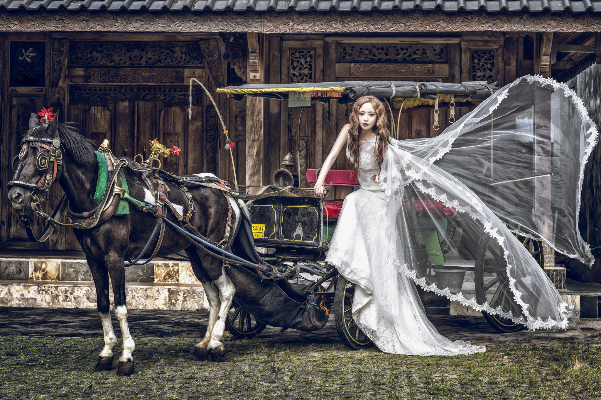 Скачать обои бесплатно Лошадь, Невеста, Модель, Свадебное Платье, Женщины, Азиатки картинка на рабочий стол ПК