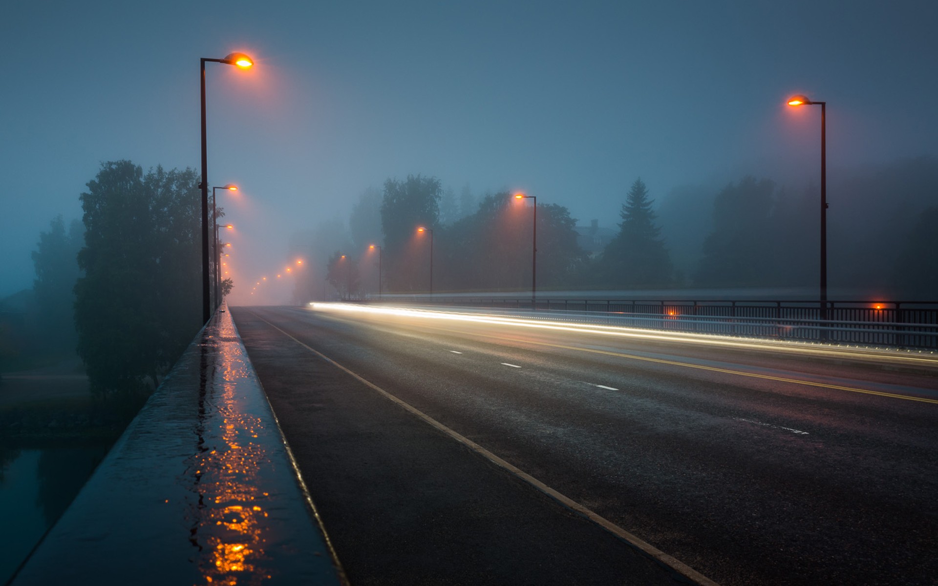 street, street light, man made, road, fog, highway, night, time lapse