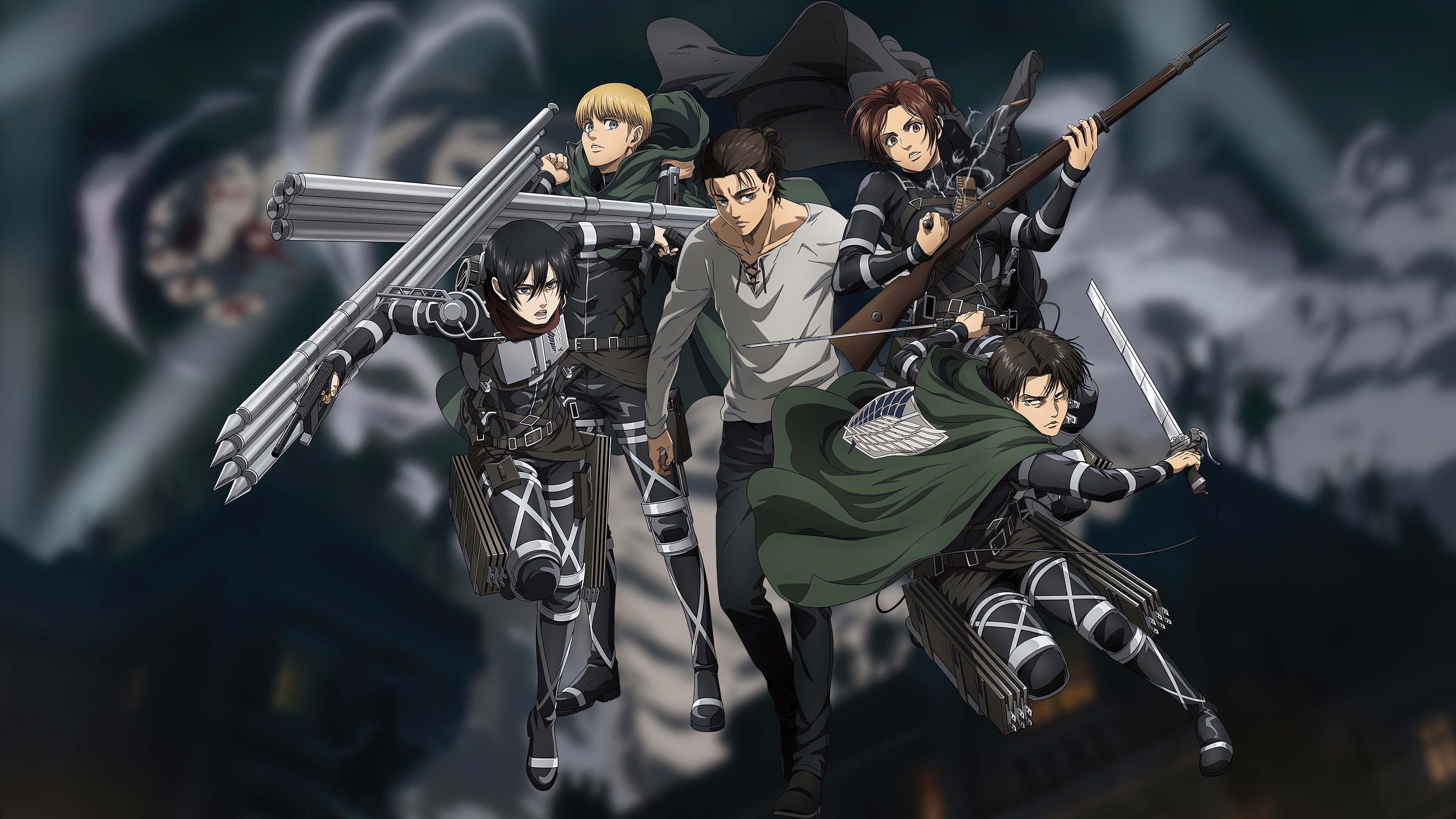 Download mobile wallpaper Anime, Armin Arlert, Eren Yeager, Mikasa Ackerman, Attack On Titan, Levi Ackerman for free.