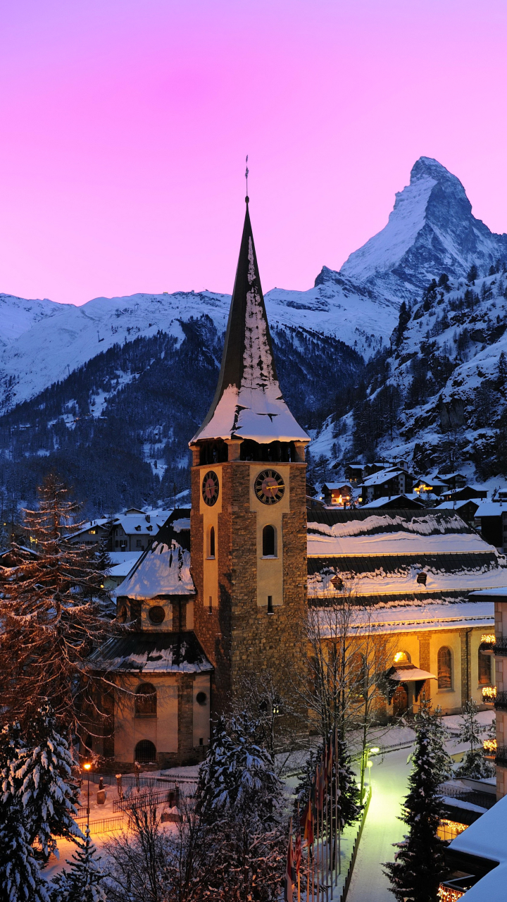 Download mobile wallpaper Winter, Night, Snow, Mountain, House, Switzerland, Town, Man Made, Towns for free.