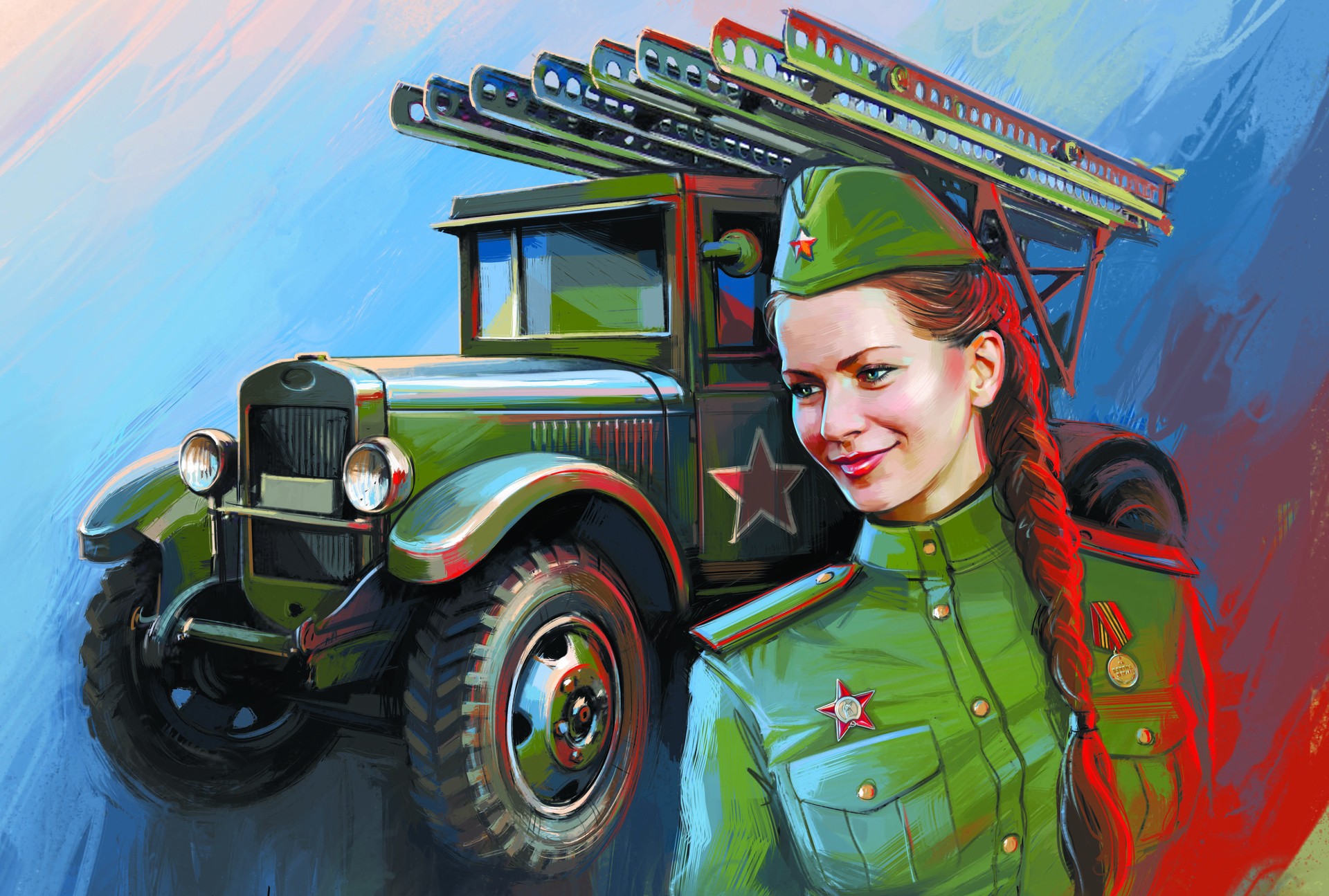 1008254 descargar imagen mujer guerrera, militar, soldado, coche, lanzacohetes katyusha, urss: fondos de pantalla y protectores de pantalla gratis