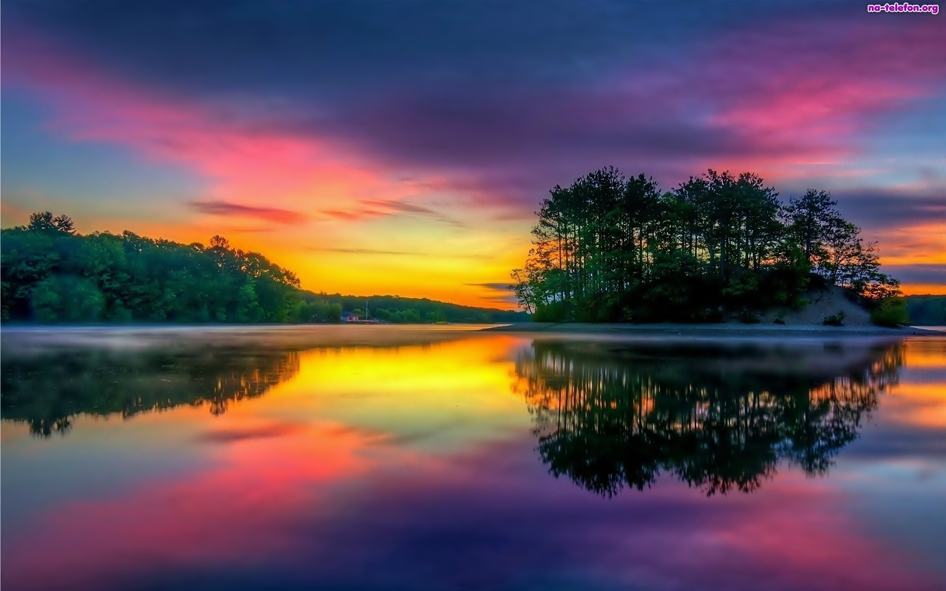 Free download wallpaper Sunset, Lake, Reflection, Earth, Island on your PC desktop