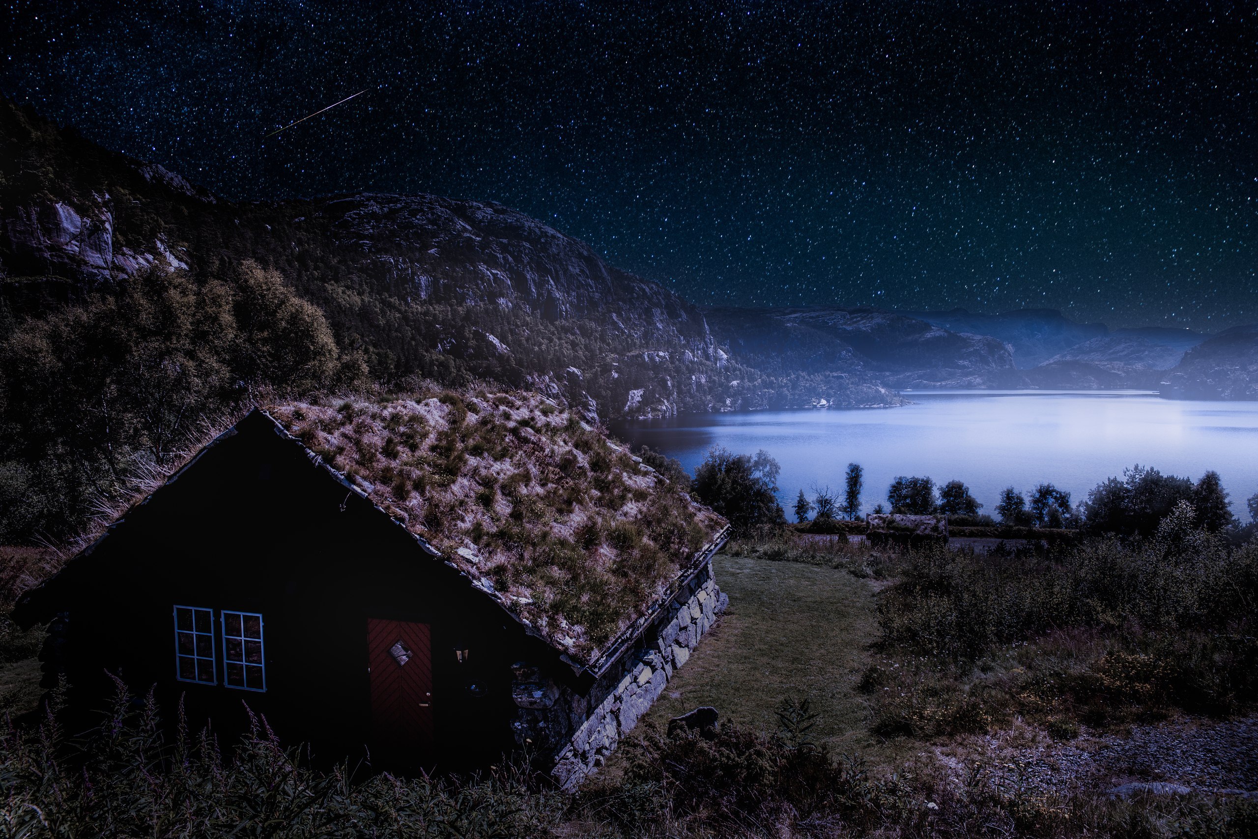 grass, man made, house, lake, night, norway, roof