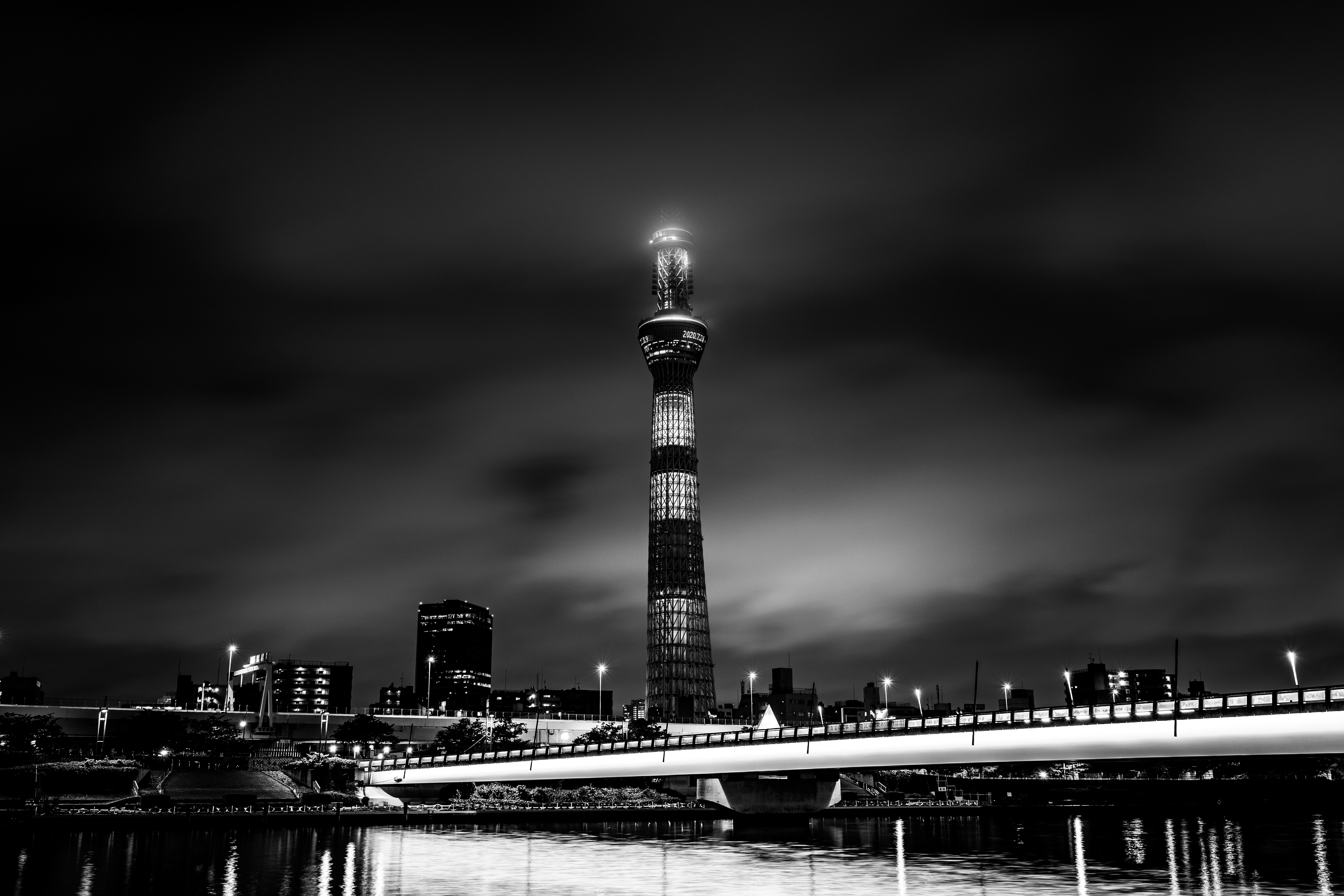 Download mobile wallpaper Chb, Tower, Cities, Architecture, Building, Bw, Night City for free.