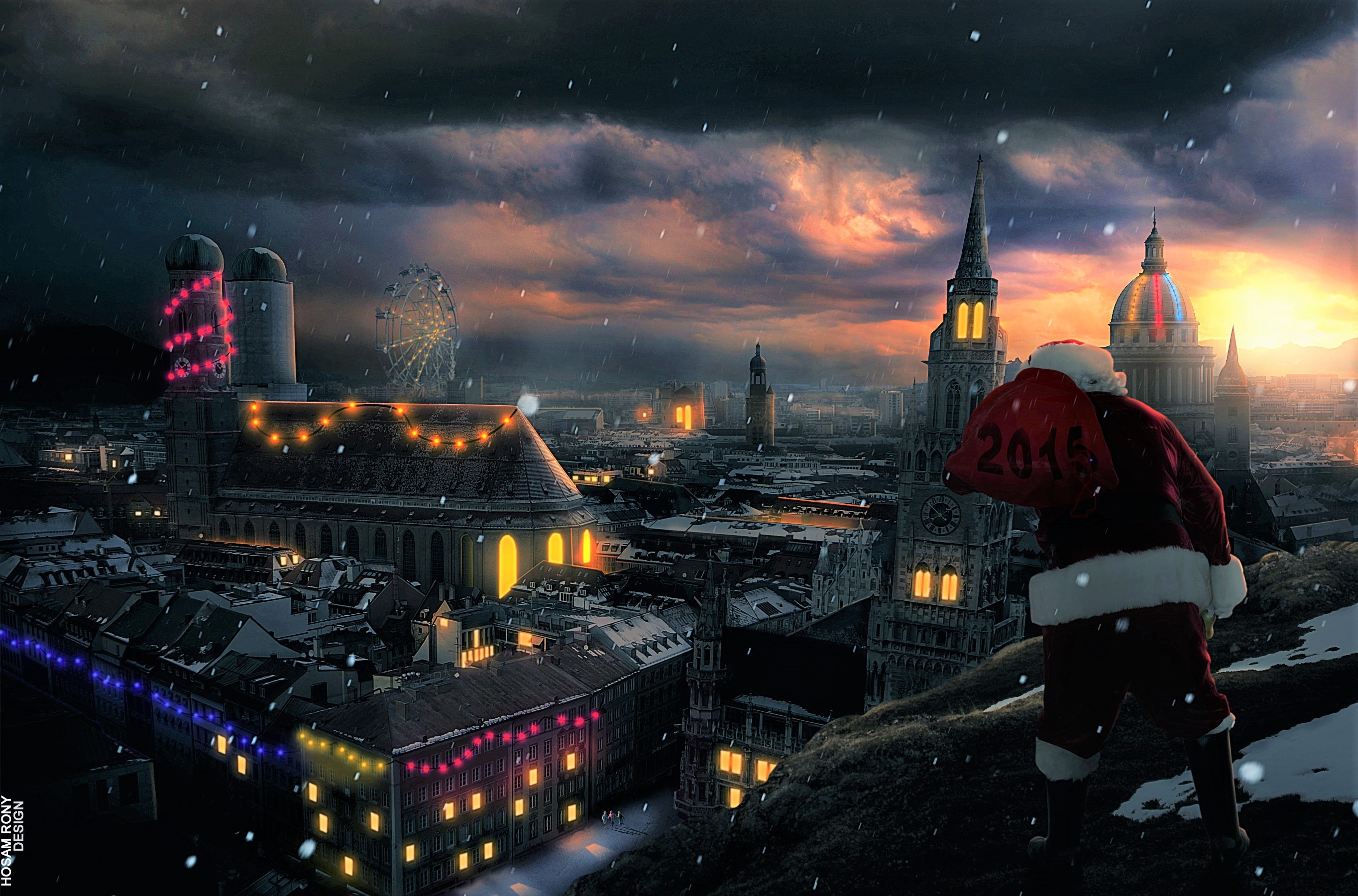 Free download wallpaper Night, City, Light, Christmas, Holiday, Colors, Santa on your PC desktop