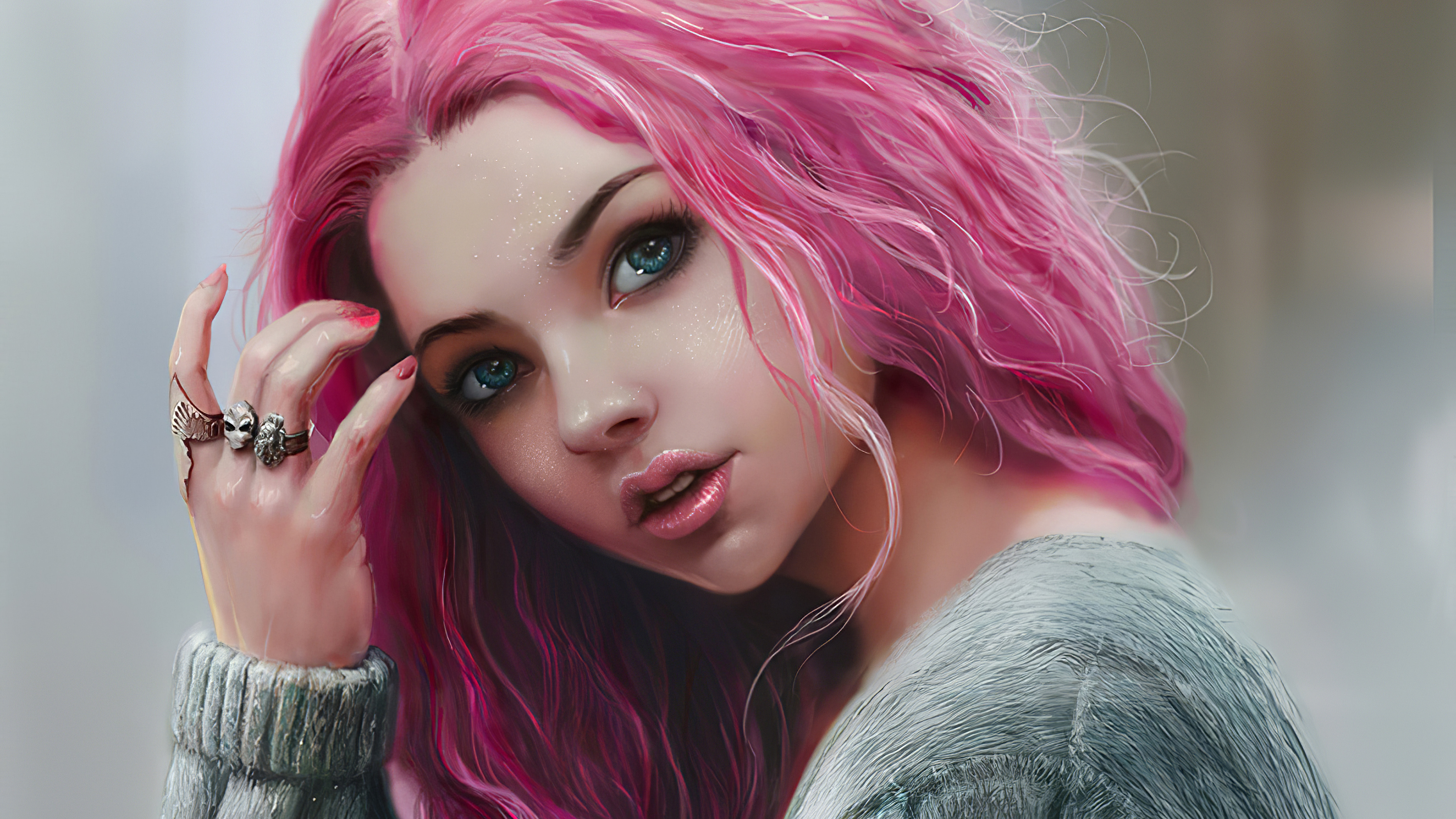 無料モバイル壁紙芸術的, 顔, 青い目, 女性, ピンクの髪をダウンロードします。
