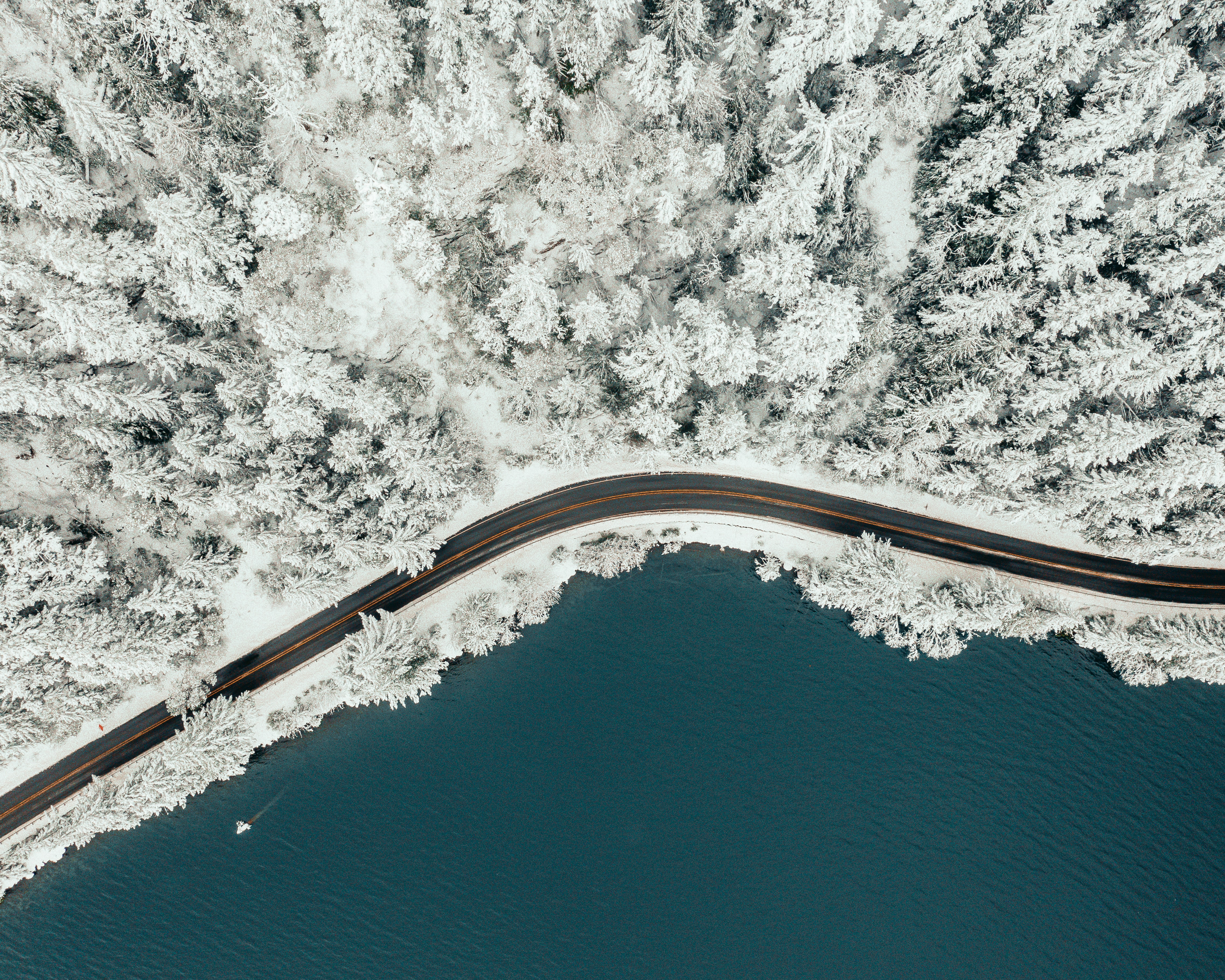 Download mobile wallpaper Forest, Lake, Road, Winter, View From Above, Nature for free.