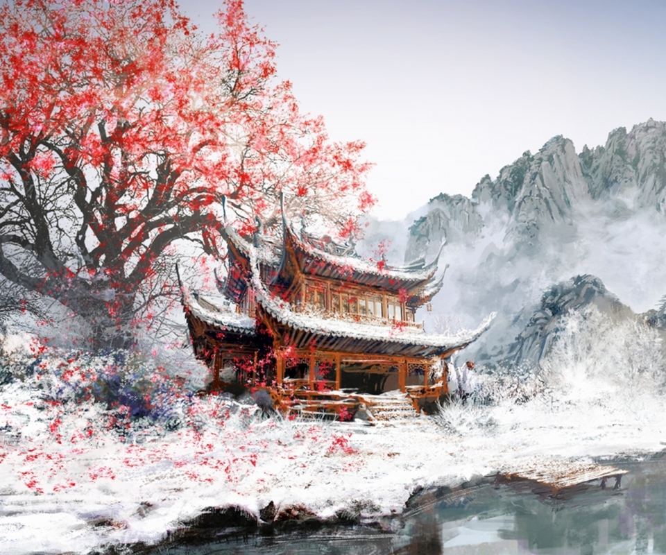 Handy-Wallpaper Winter, Fantasie, Orientalisch, Sakura Blüte kostenlos herunterladen.