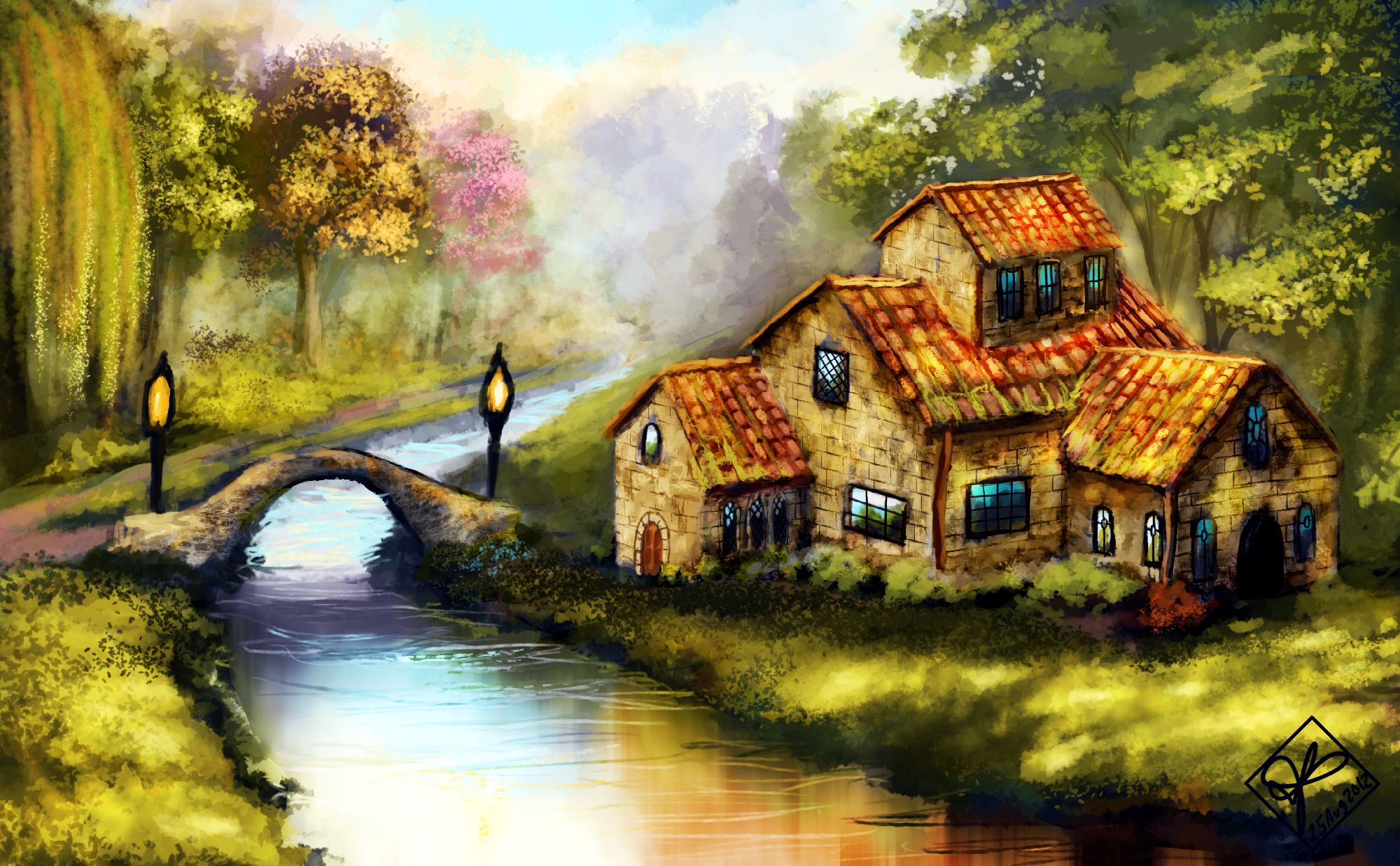 Download mobile wallpaper House, Bridge, Painting, Artistic, River, Cottage for free.