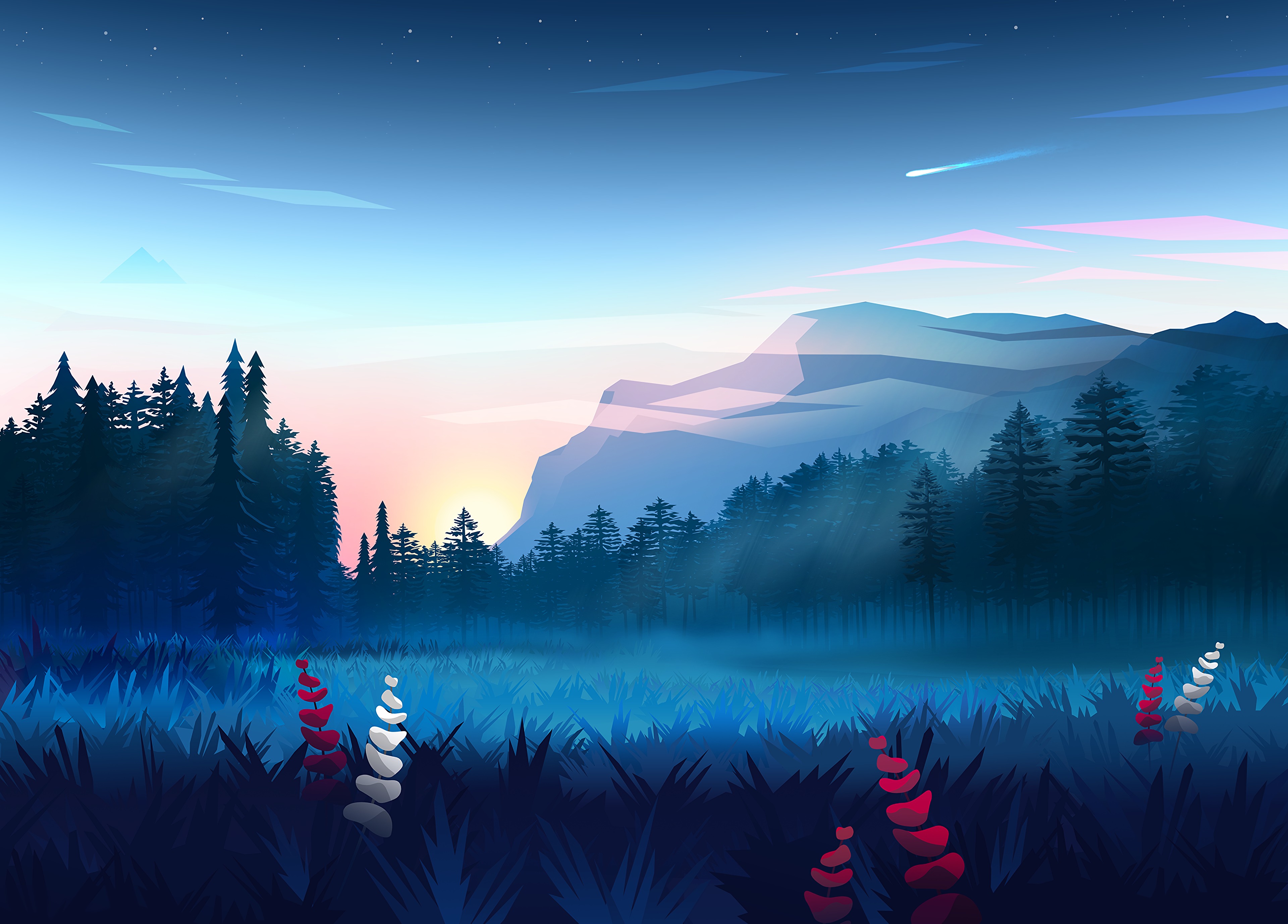 art, vector, mountains, forest, landscape, fog, lawn HD wallpaper