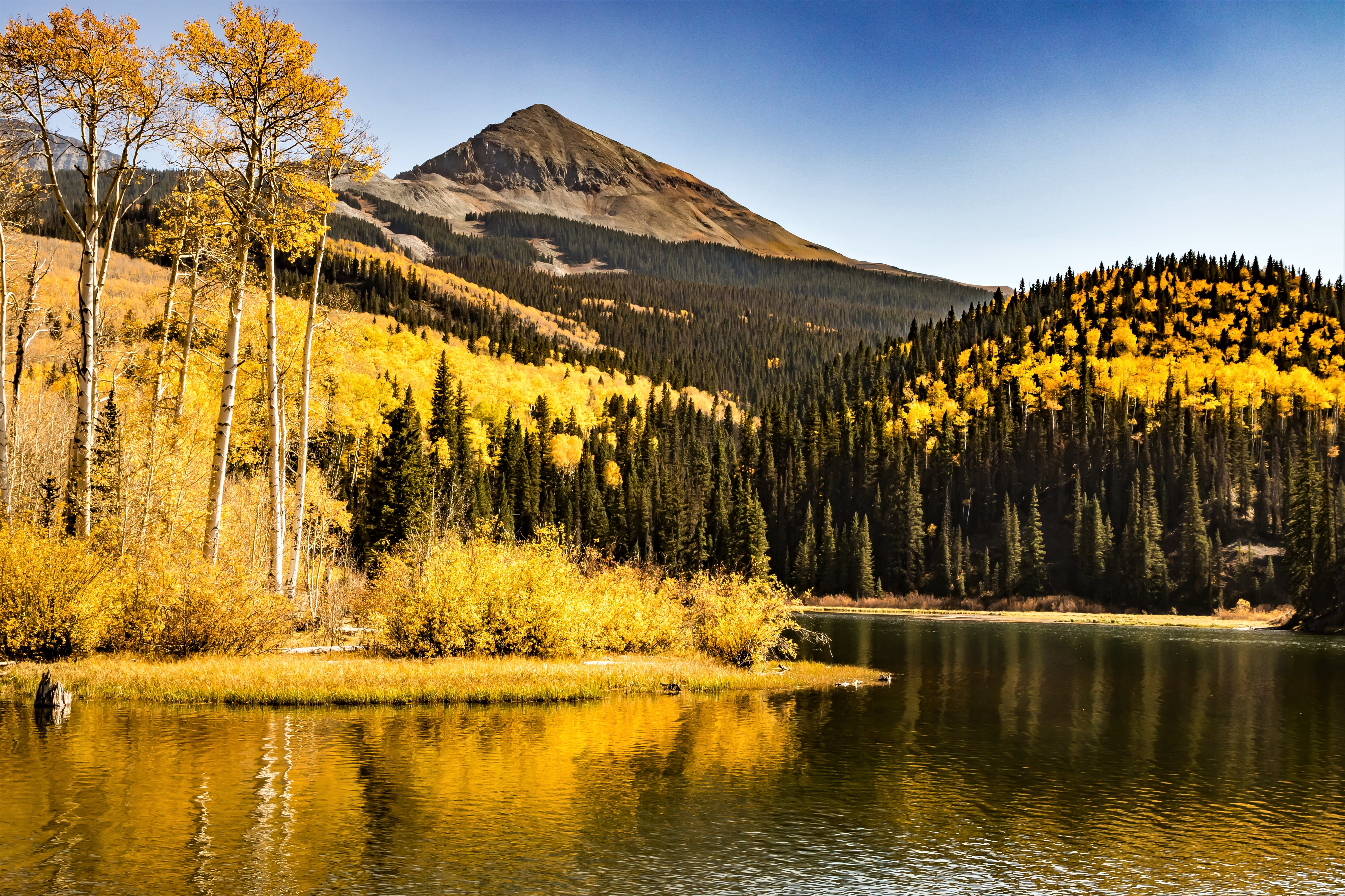 Download mobile wallpaper Bush, Mountains, Lake, Trees, Nature for free.