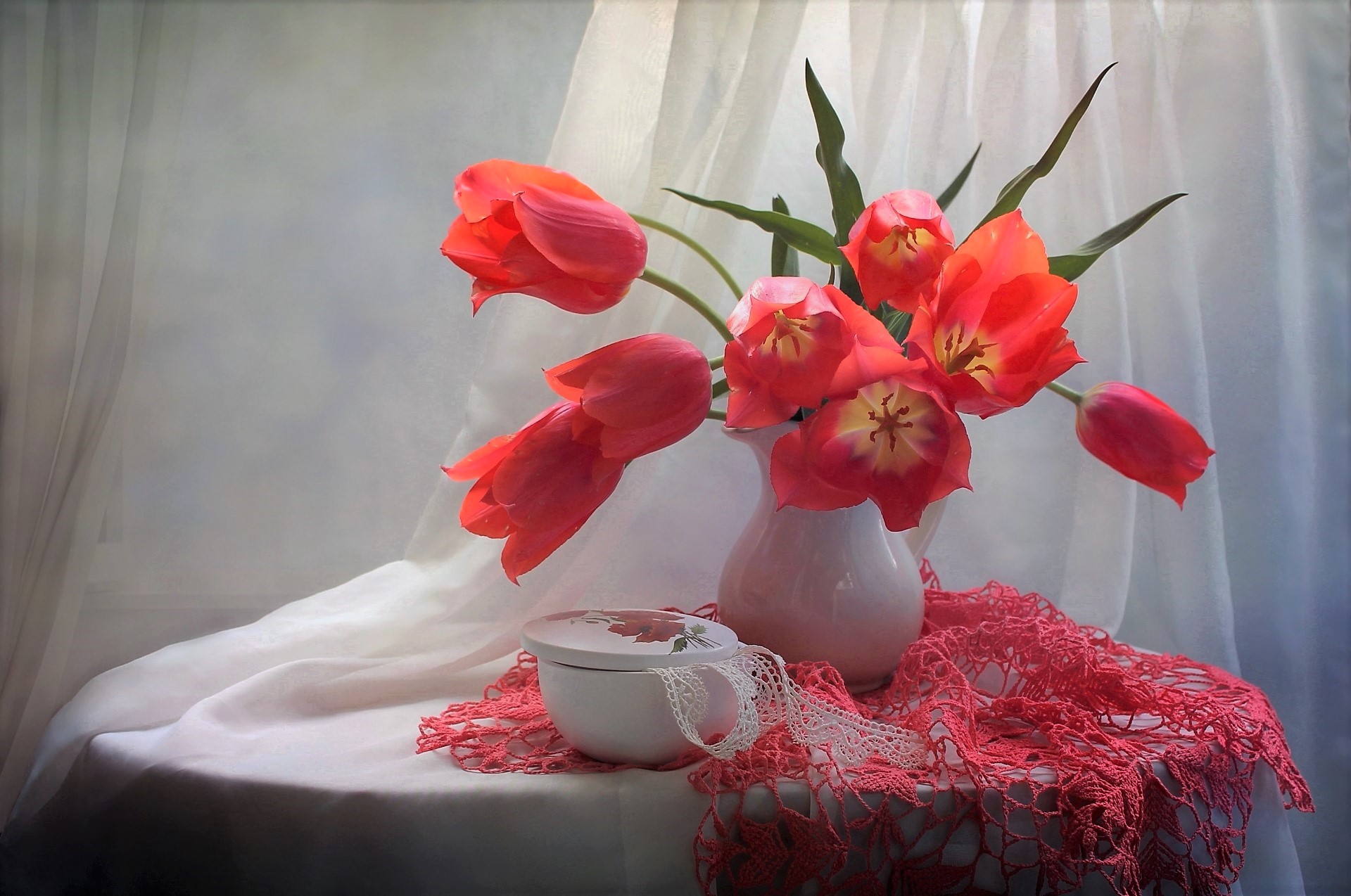 Free download wallpaper Still Life, Flower, Box, Vase, Tulip, Photography, Scarf, Orange Flower on your PC desktop
