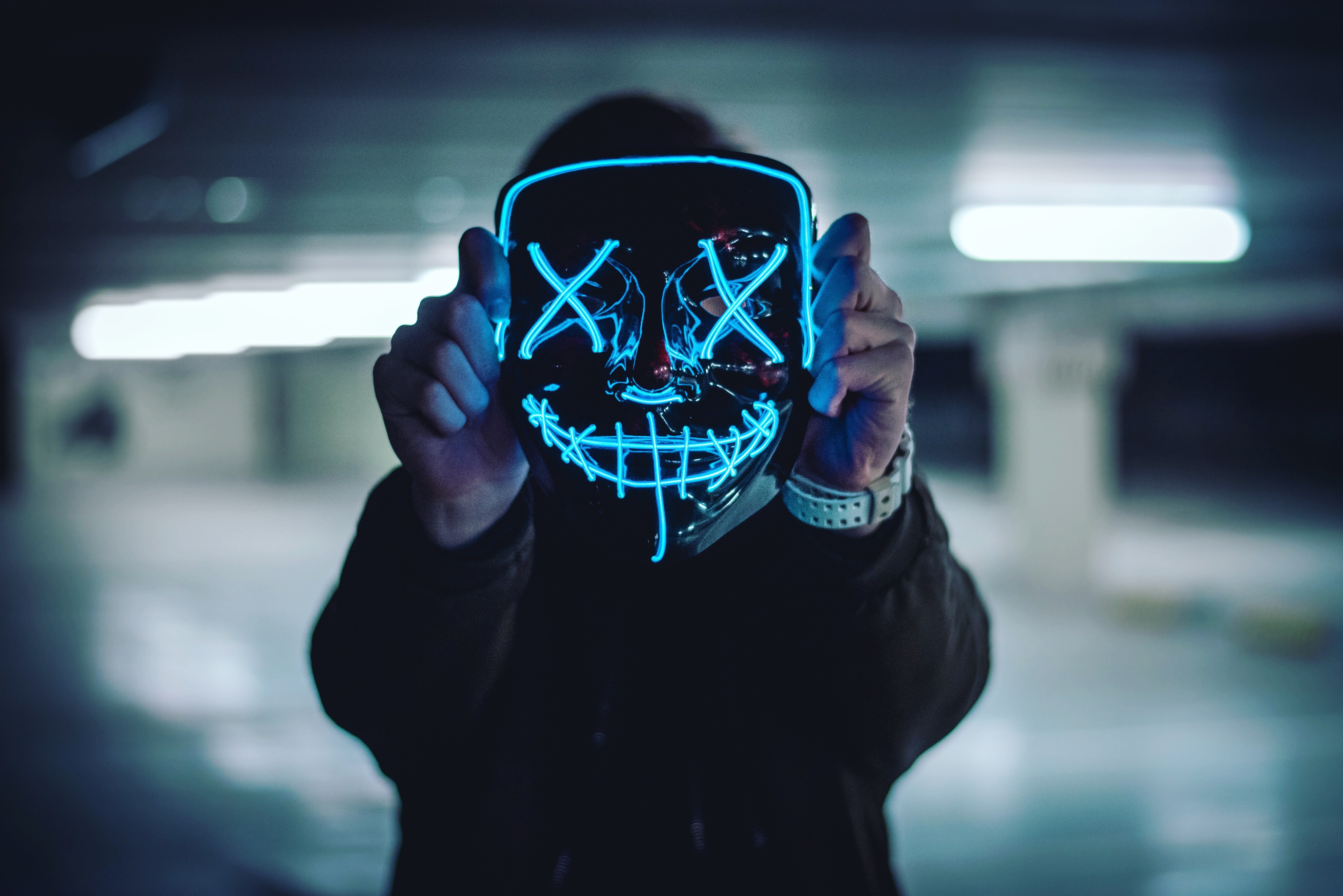 mask, anonymous, miscellanea, miscellaneous, neon, hands HD wallpaper