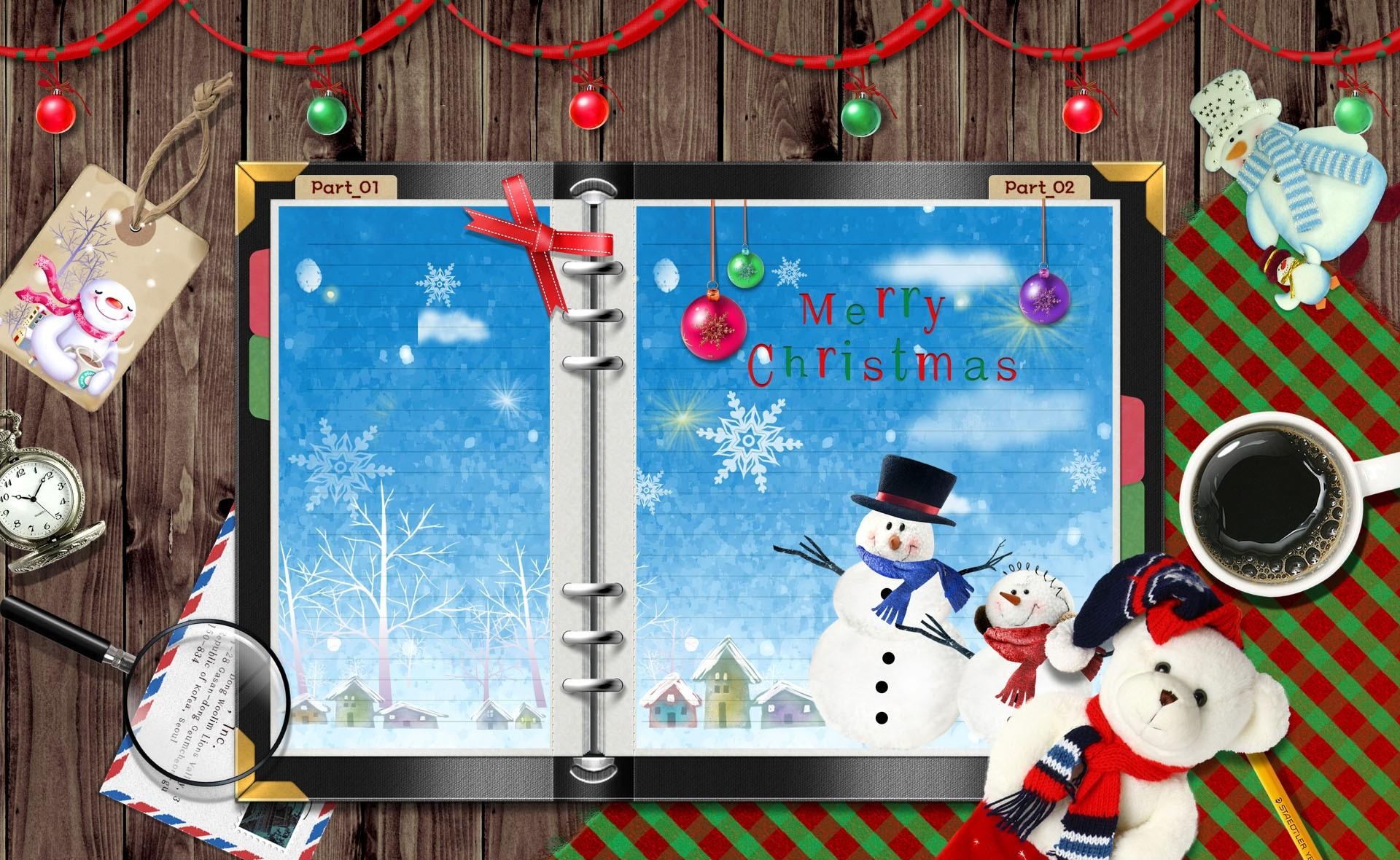 134464 descargar fondo de pantalla vacaciones, juguetes, navidad, los copos de nieve, café, muñeco de nieve, día festivo, mesa, computadora portátil, bloc: protectores de pantalla e imágenes gratis