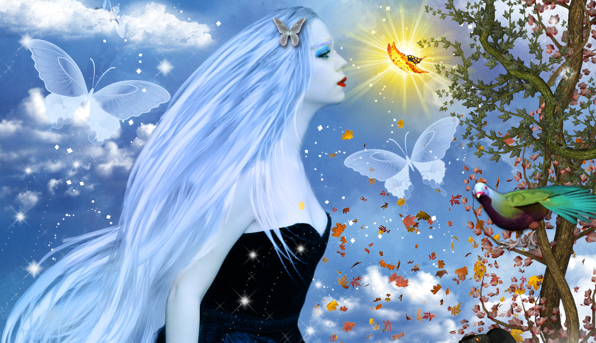 Laden Sie das Schmetterlinge, Fantasie, Pfau, Frauen-Bild kostenlos auf Ihren PC-Desktop herunter