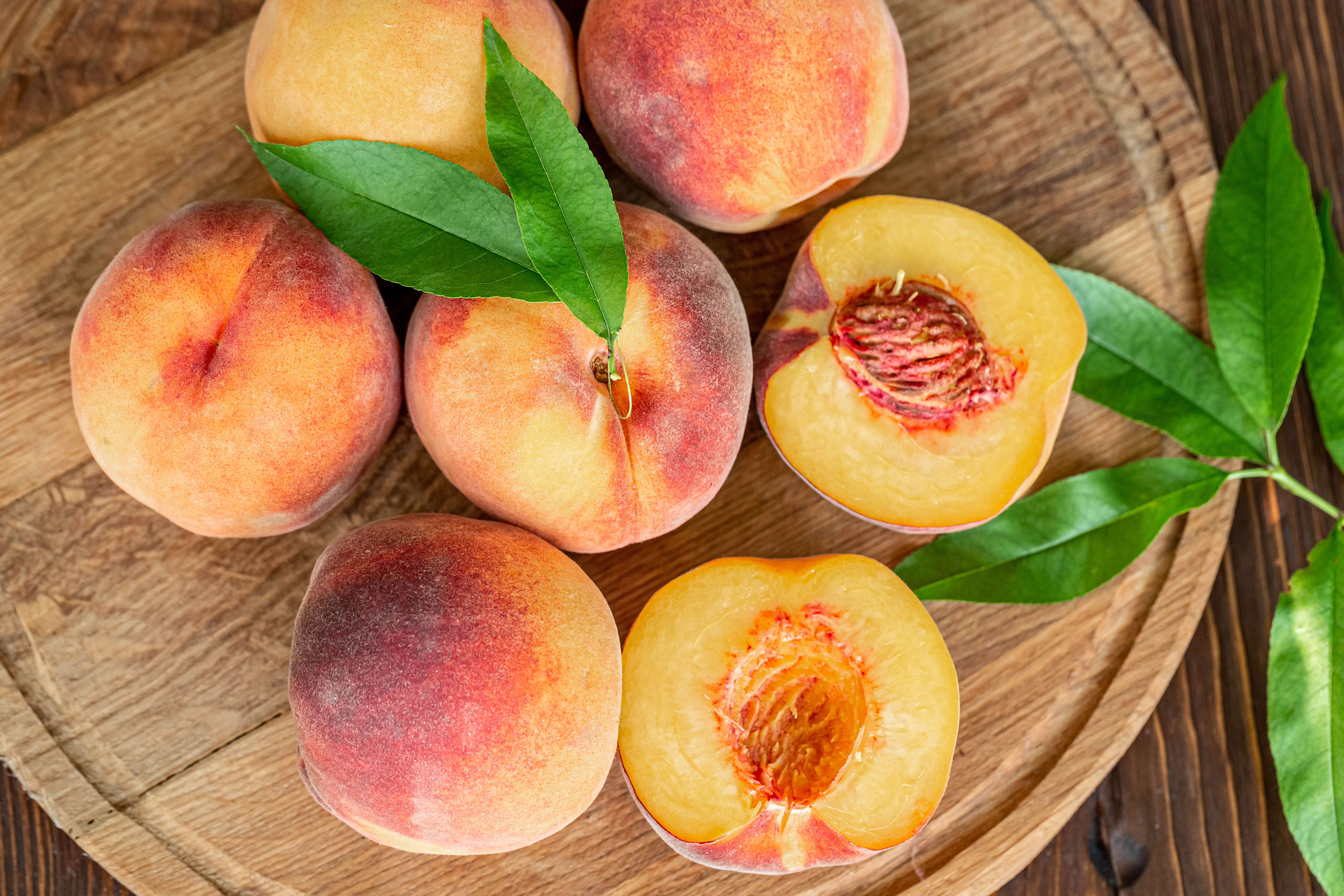 peaches, fruits, food, leaves, ripe