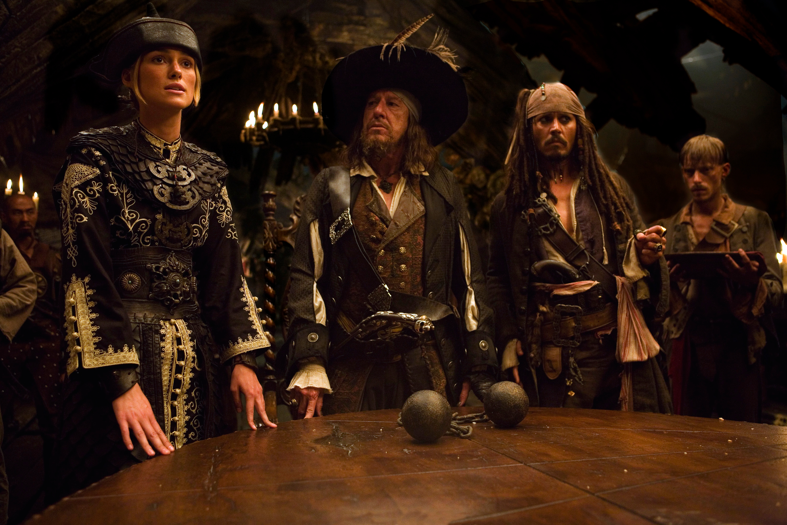jack sparrow, johnny depp, pirates of the caribbean, hector barbossa, keira knightley, movie, pirates of the caribbean: at world's end, elizabeth swann, geoffrey rush, mackenzie crook, ragetti (pirates of the caribbean)