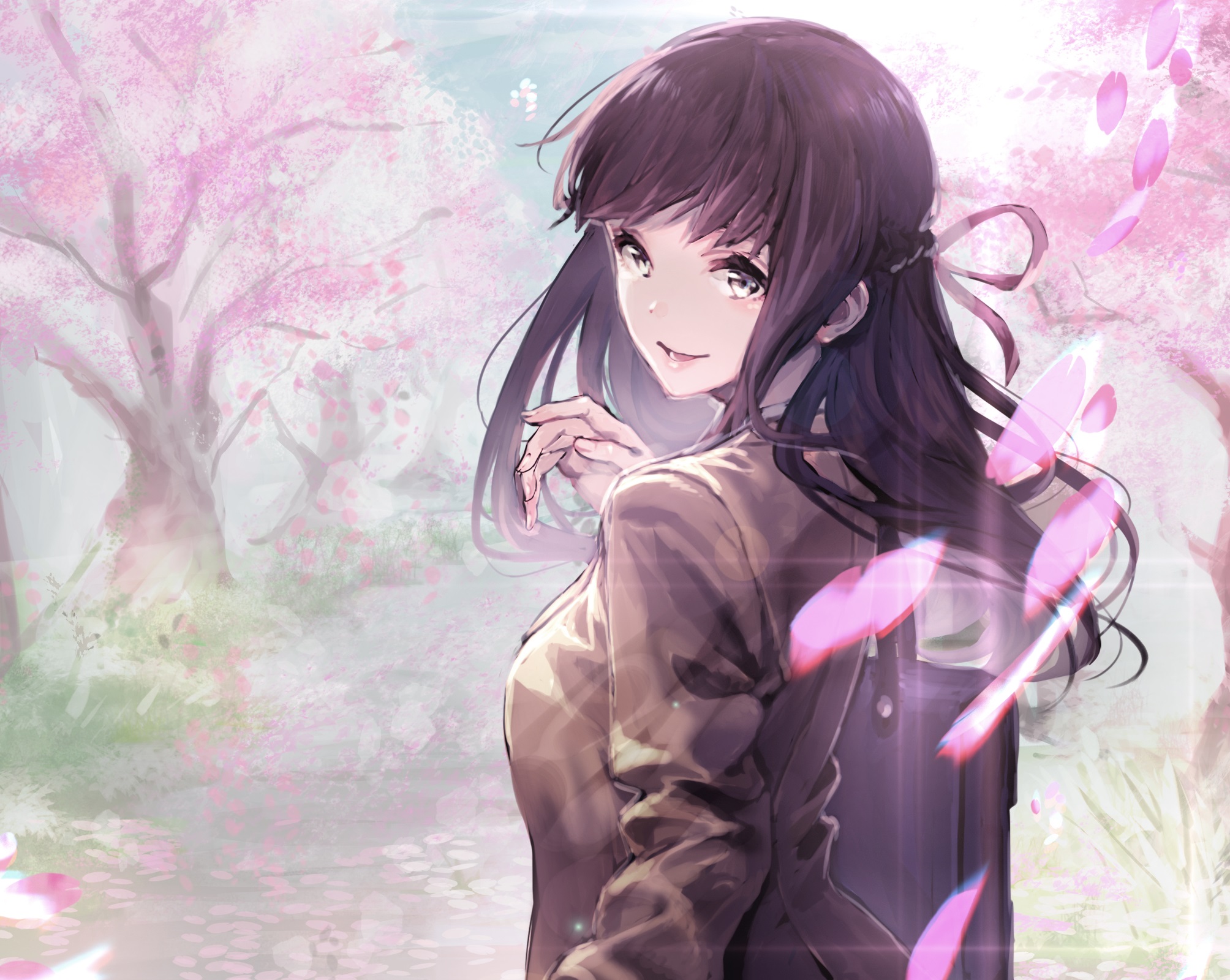 Download mobile wallpaper Anime, Smile, Cherry Blossom, Original, Braid, Long Hair, Brown Hair, Grey Eyes for free.