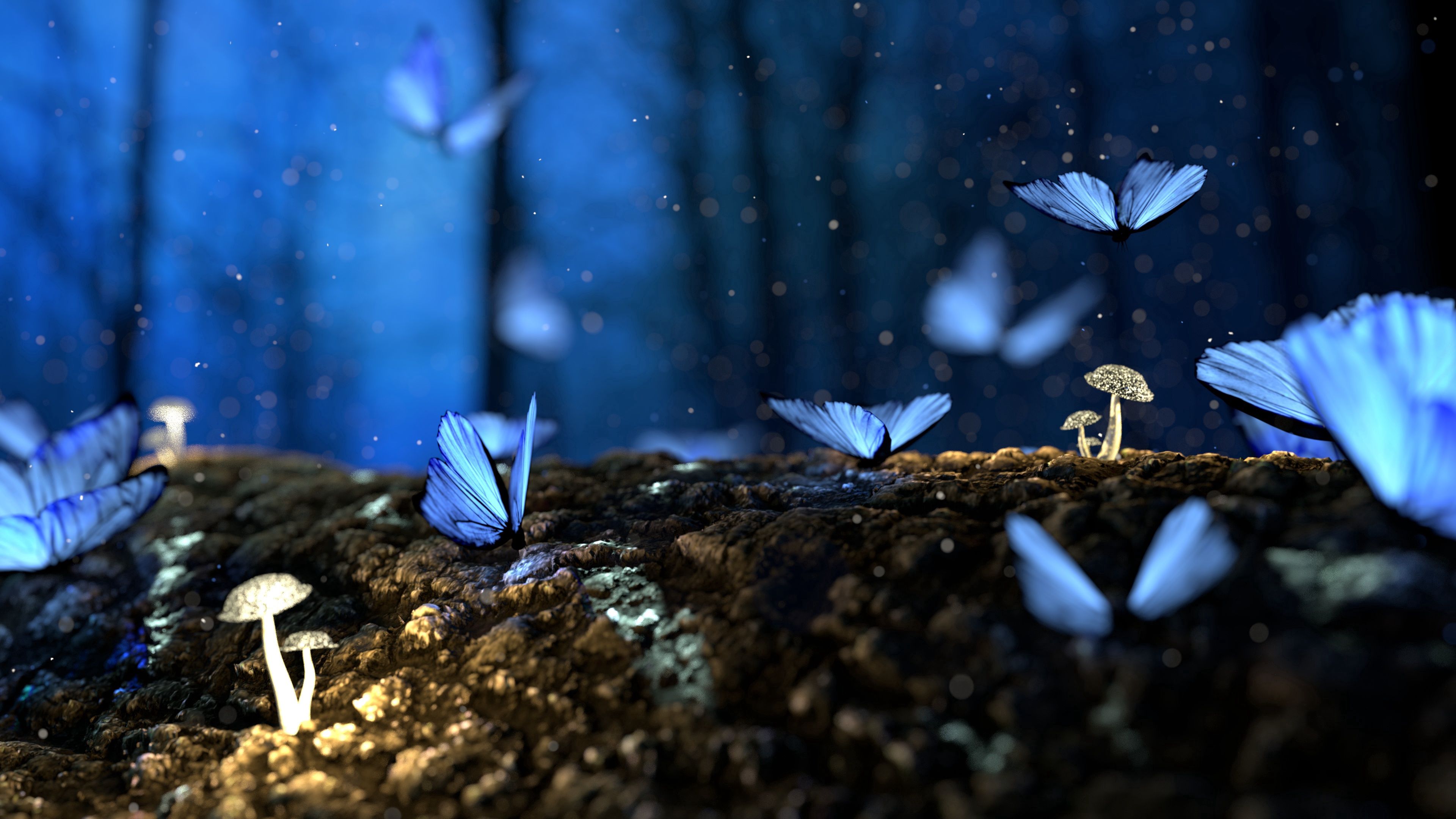 fantasy, butterflies, mashrooms, blue, macro, forest